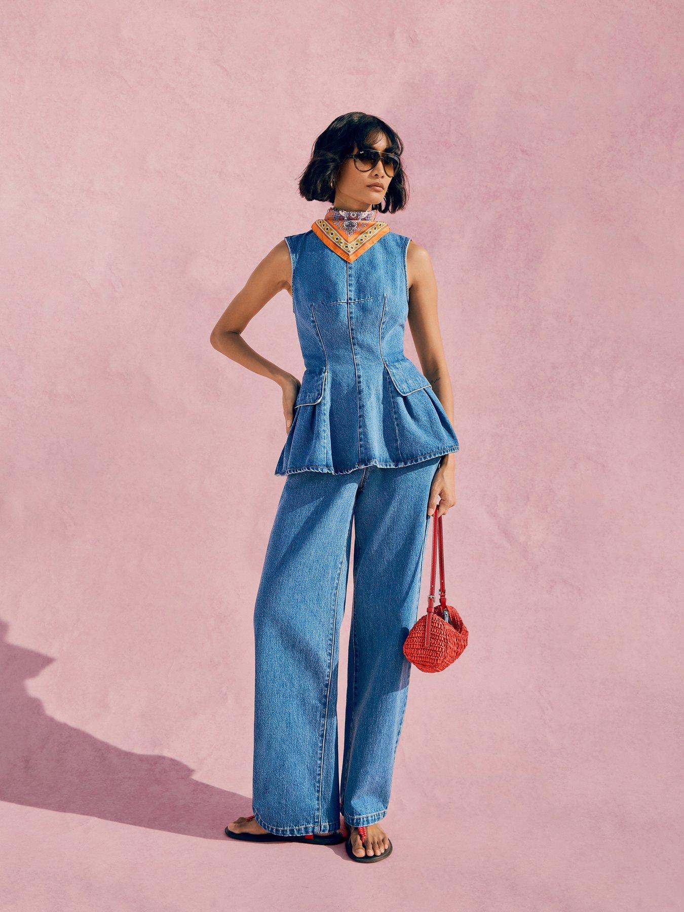 The Very Collection Denim Peplum Co-Ord Top - Mid Wash