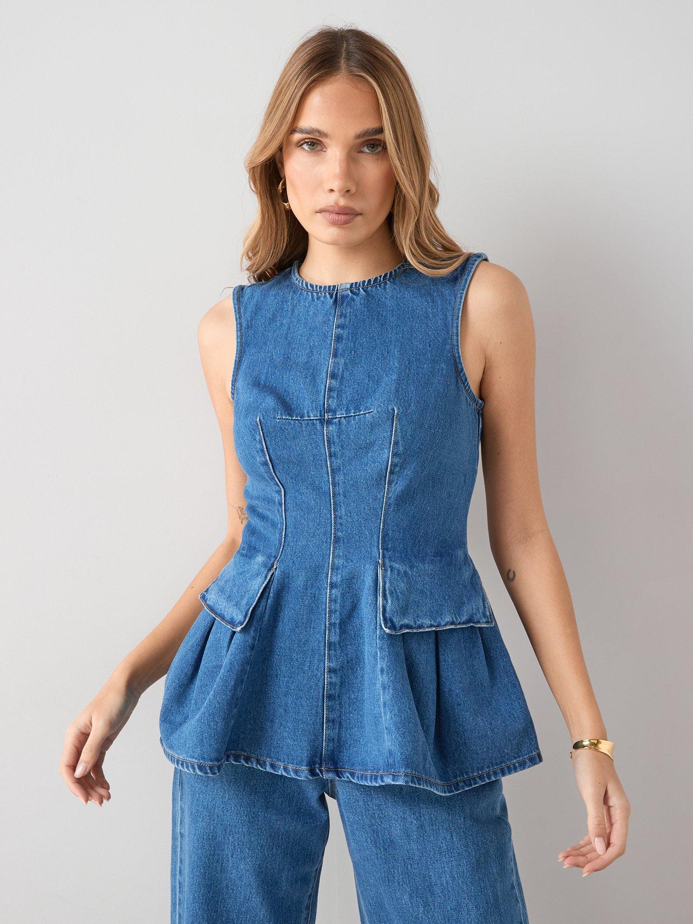 the-very-collection-denim-peplum-co-ord-top-mid-washoutfit