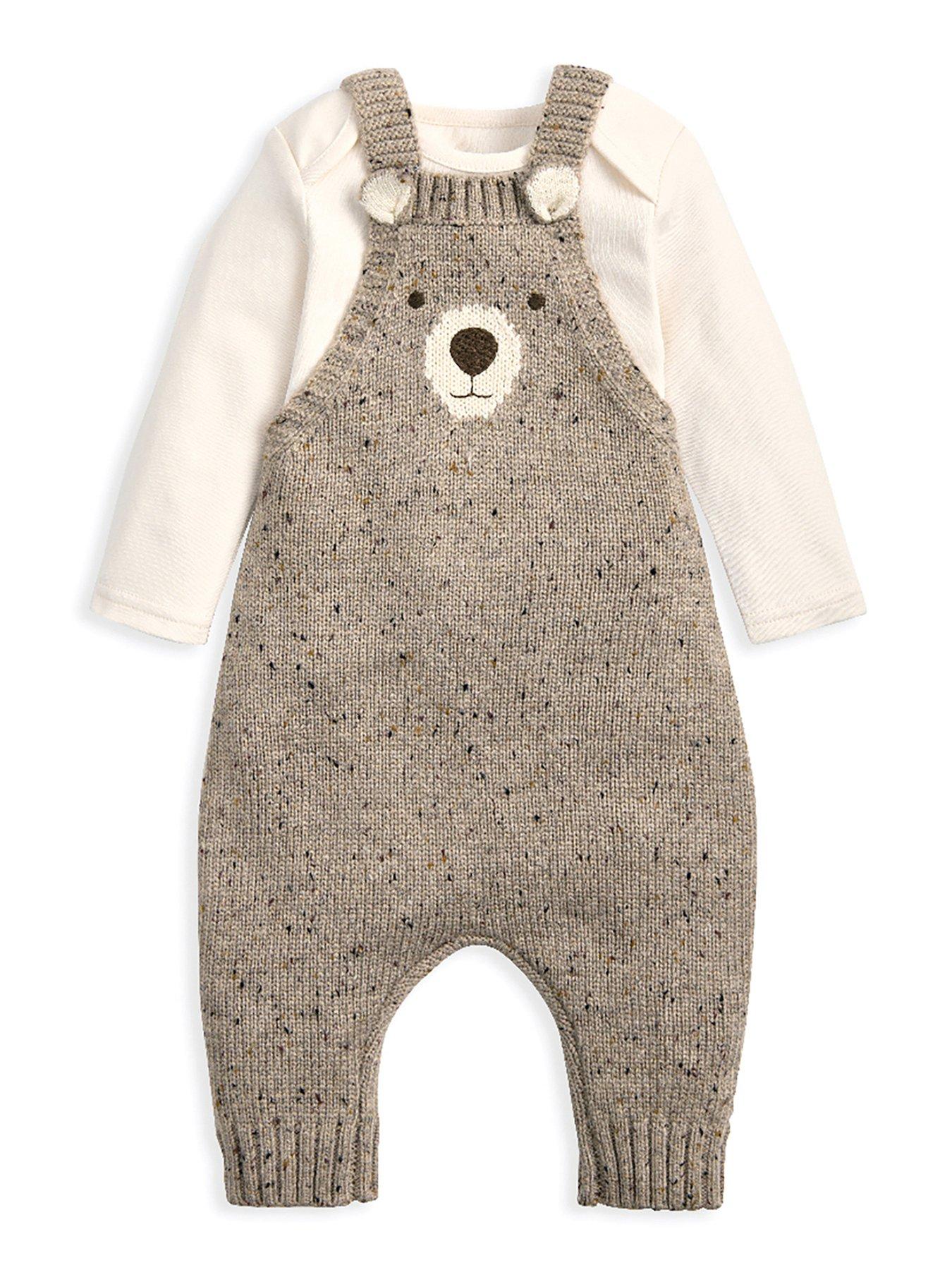 Mamas & Papas Baby Unisex 2 Piece Knitted Bear Dungarees  &  Bodysuit Set - Brown