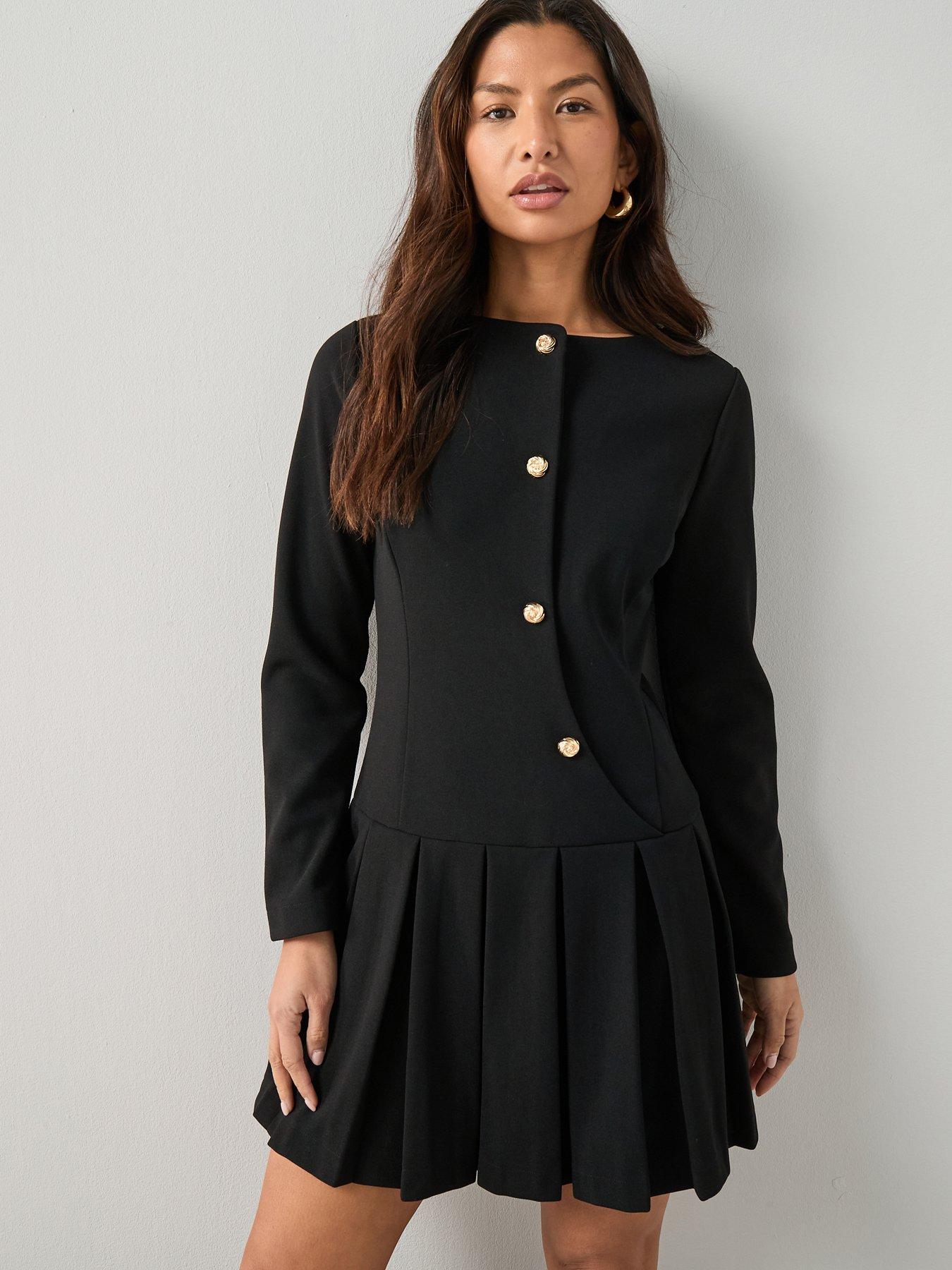 Image 1 of 7 of The Very Collection Long Sleeve Pleated Mini Dress - Black