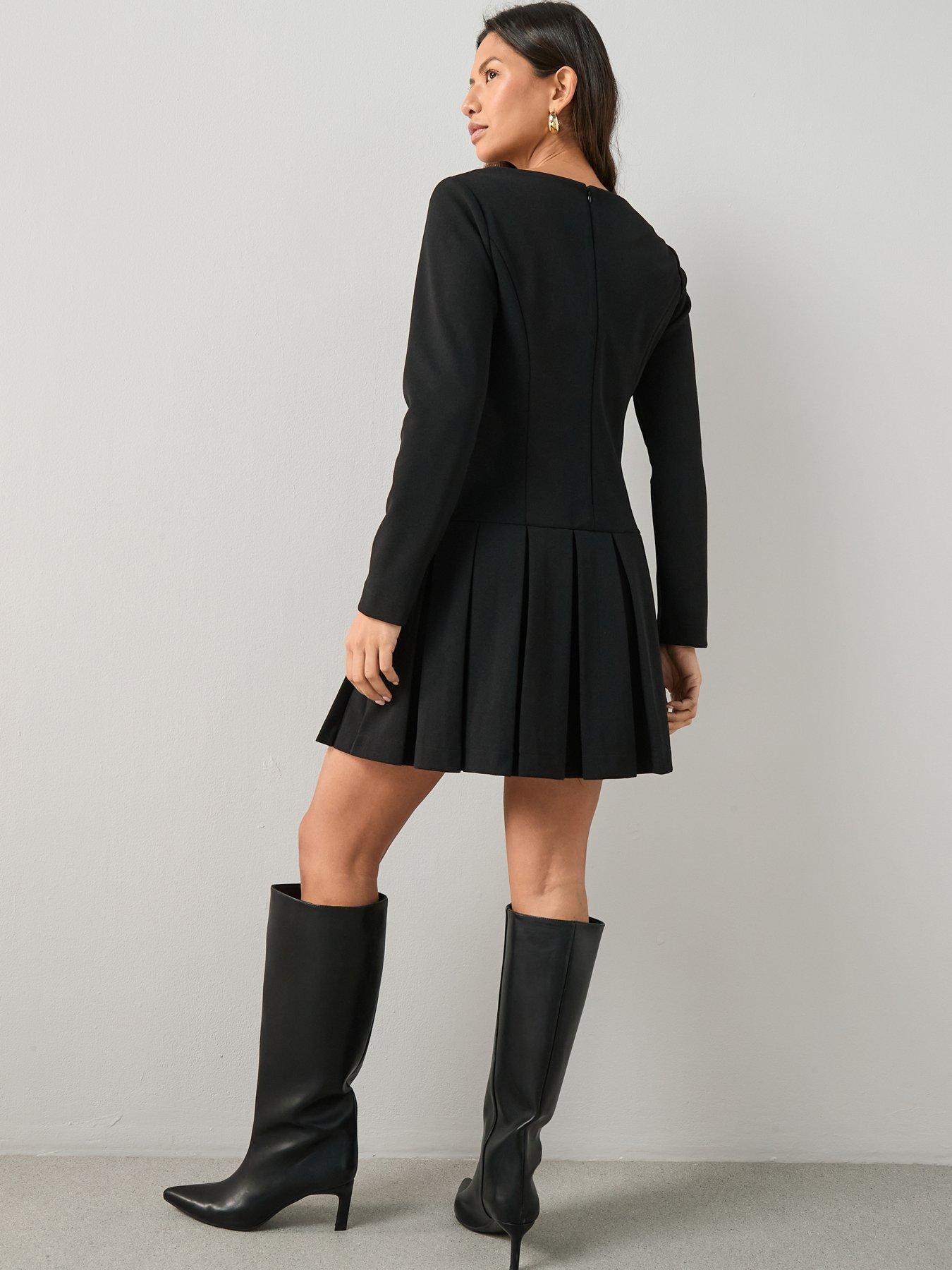 Image 2 of 7 of The Very Collection Long Sleeve Pleated Mini Dress - Black
