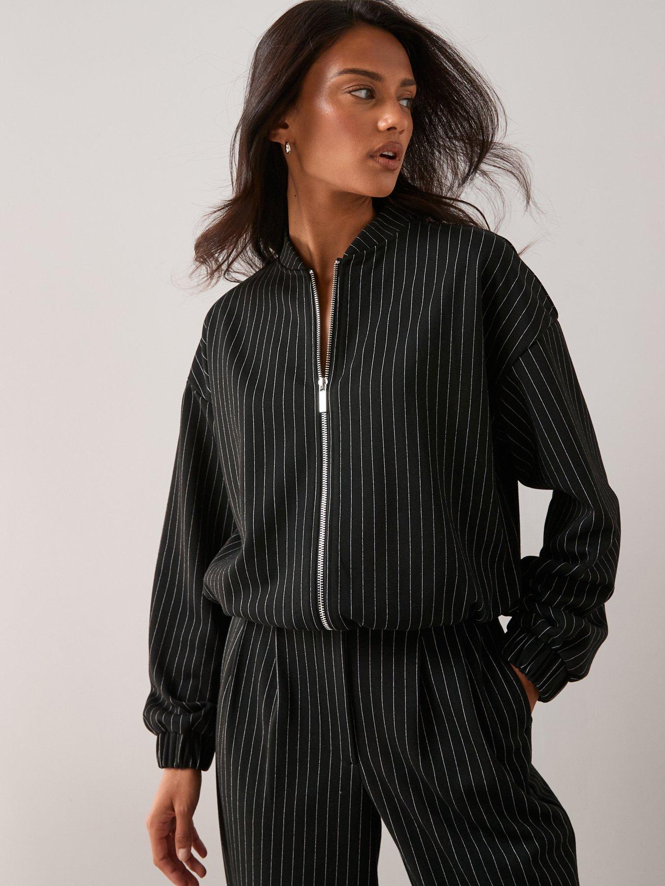 Image 1 of 6 of The Very Collection Bubble Hem Jacket Pinstripe Co-Ord - Black