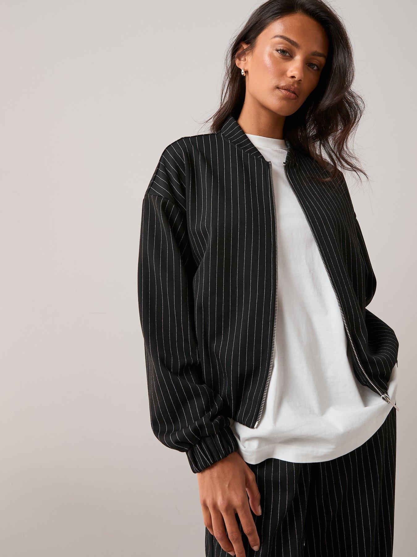 Image 4 of 6 of The Very Collection Bubble Hem Jacket Pinstripe Co-Ord - Black