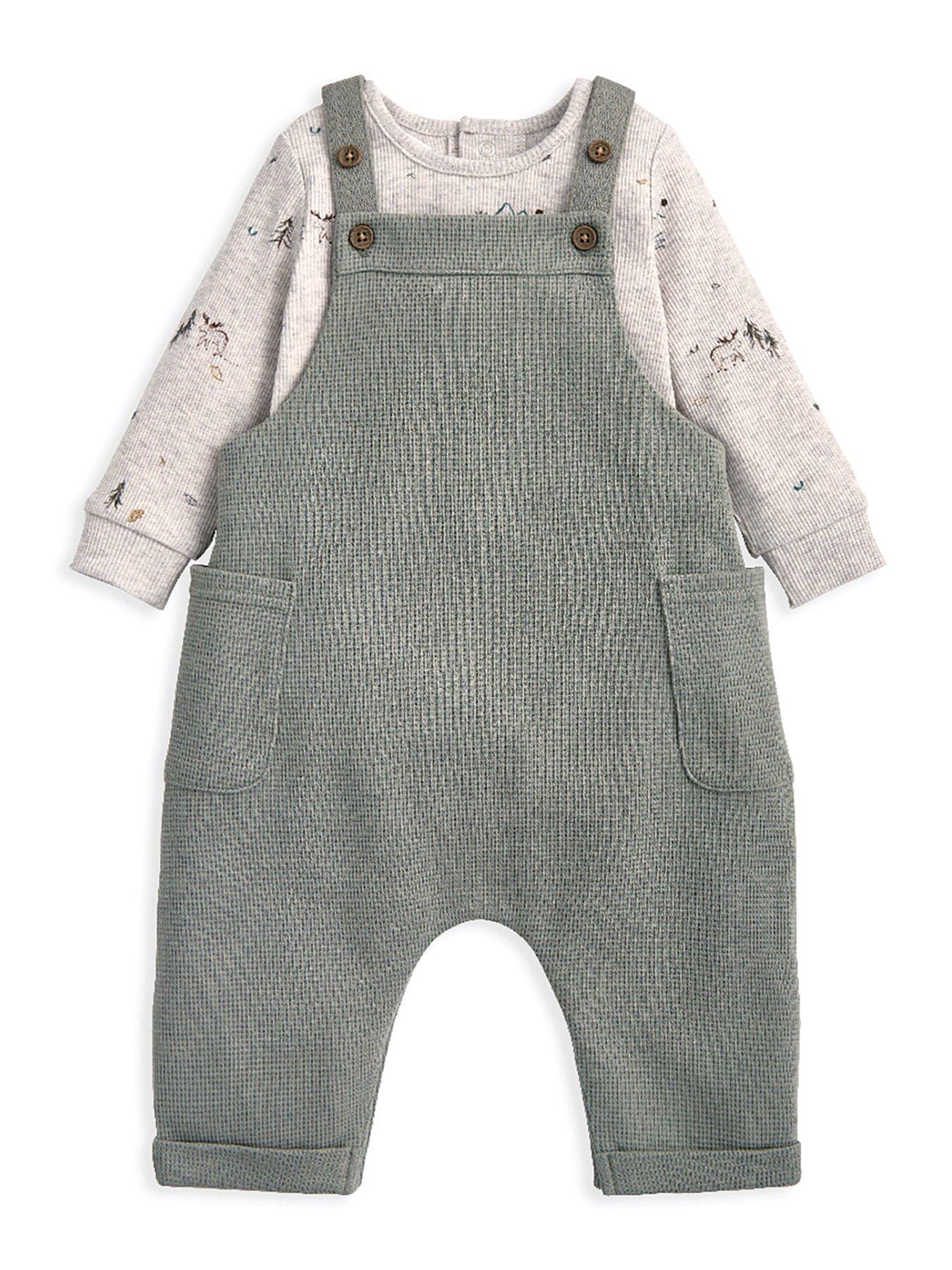Mamas & Papas Baby Boys 2 Piece Waffle Dungaree  &  Mosse Print Bodysuit Set - Green