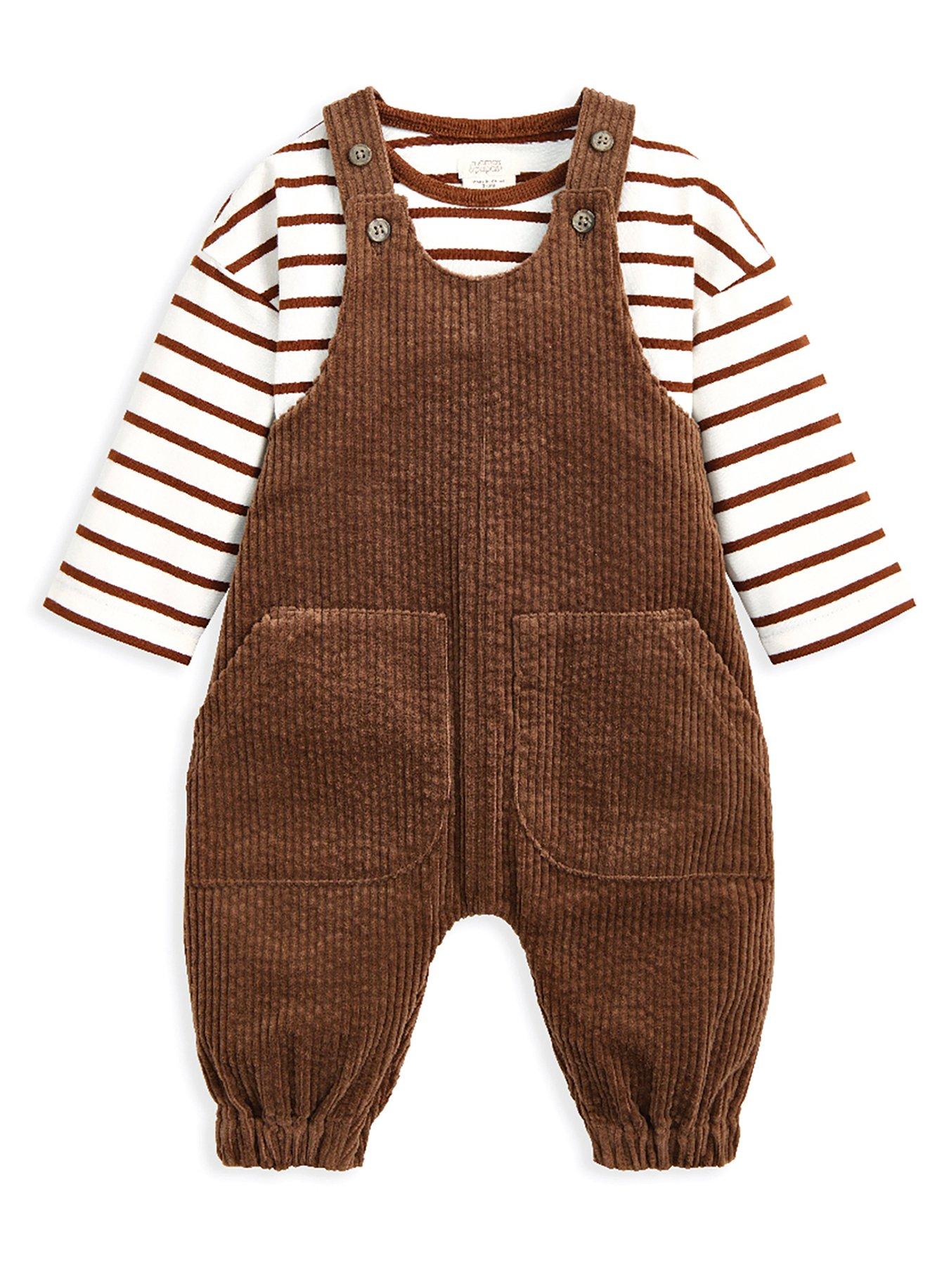 Mamas & Papas Baby Boys 2 Piece Cord Dungaree  &  Stripe Tshirt Set - Brown