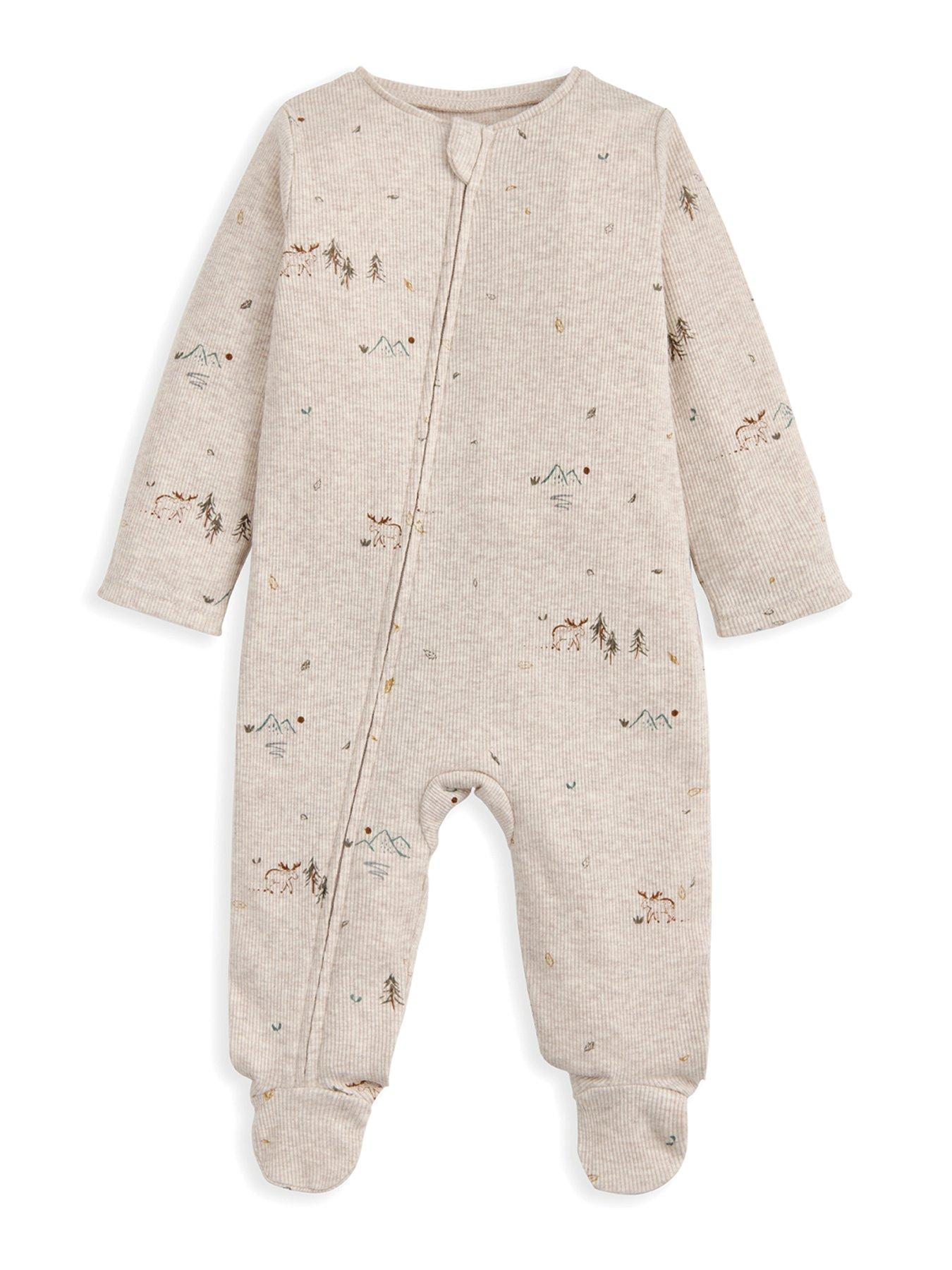 Mamas & Papas Baby Boys Moose Print Ribbed Jersey Zip Sleepsuit - Cream