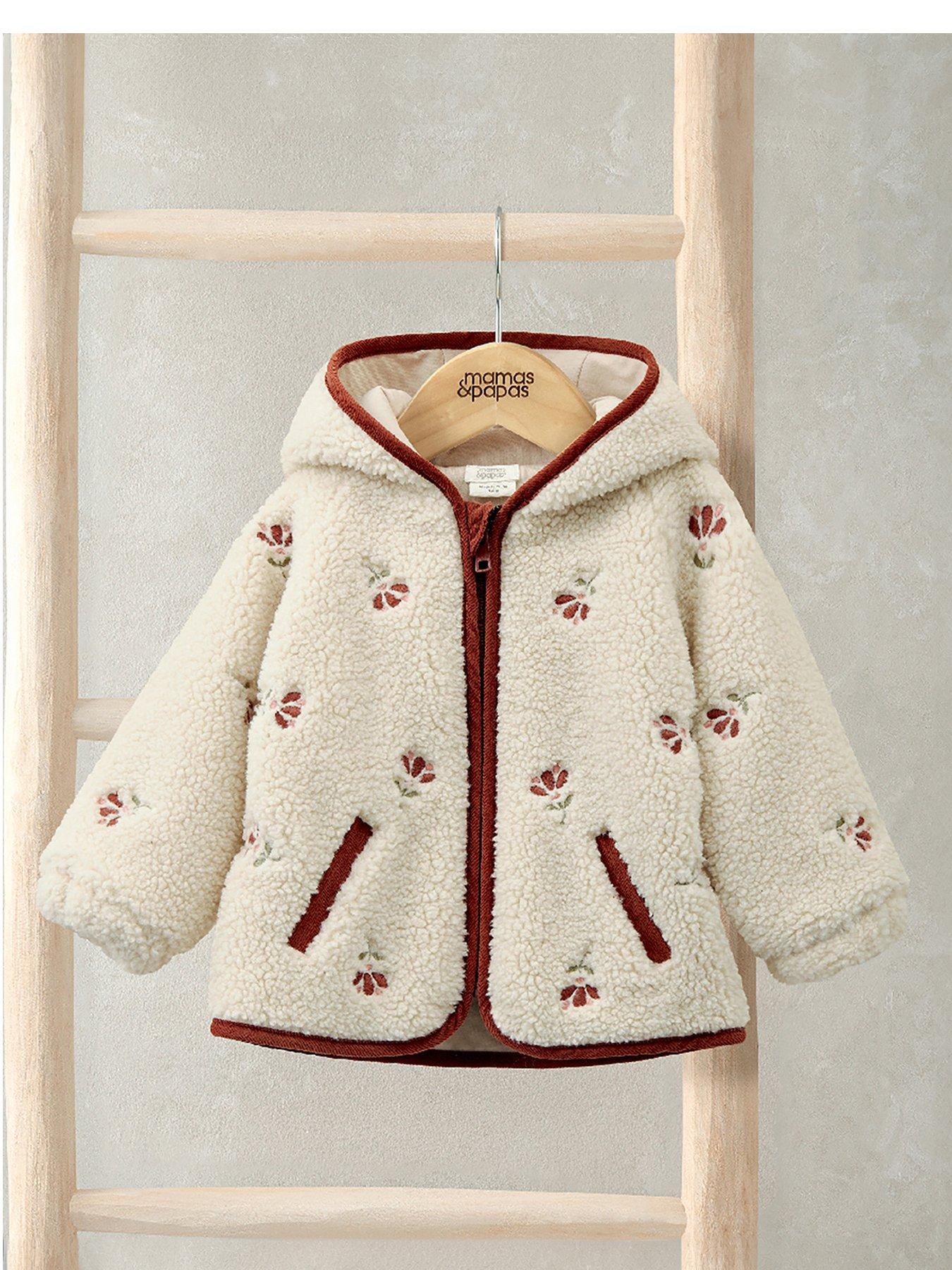 Mamas & Papas Baby Girls Embroidered Hooded Borg Jacket - Cream
