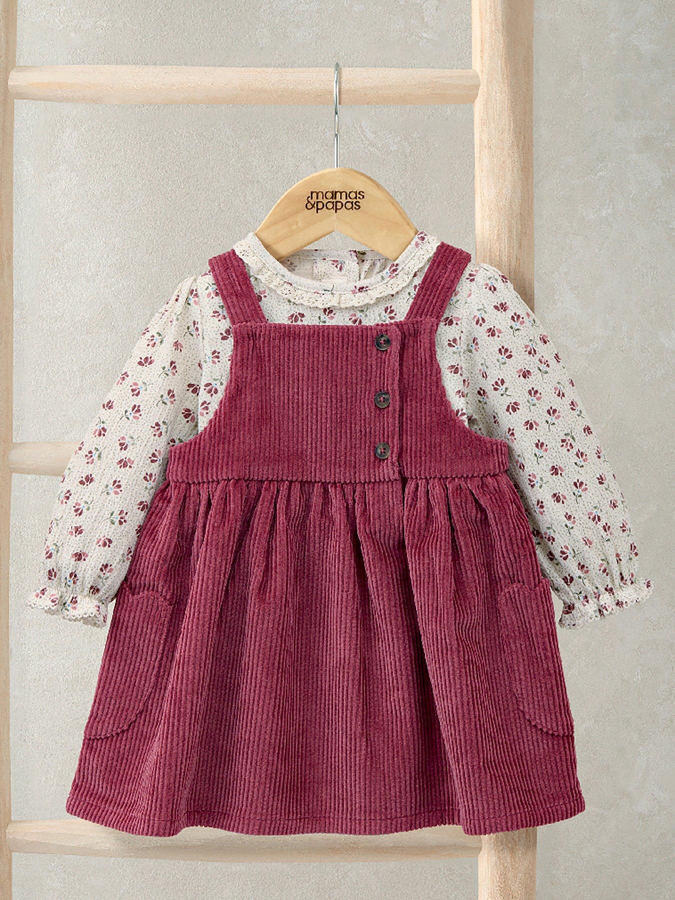 Mamas & Papas Baby Girls 2 Piece Cord Pinny Dress  &  Floral Bodysuit Set - Pink