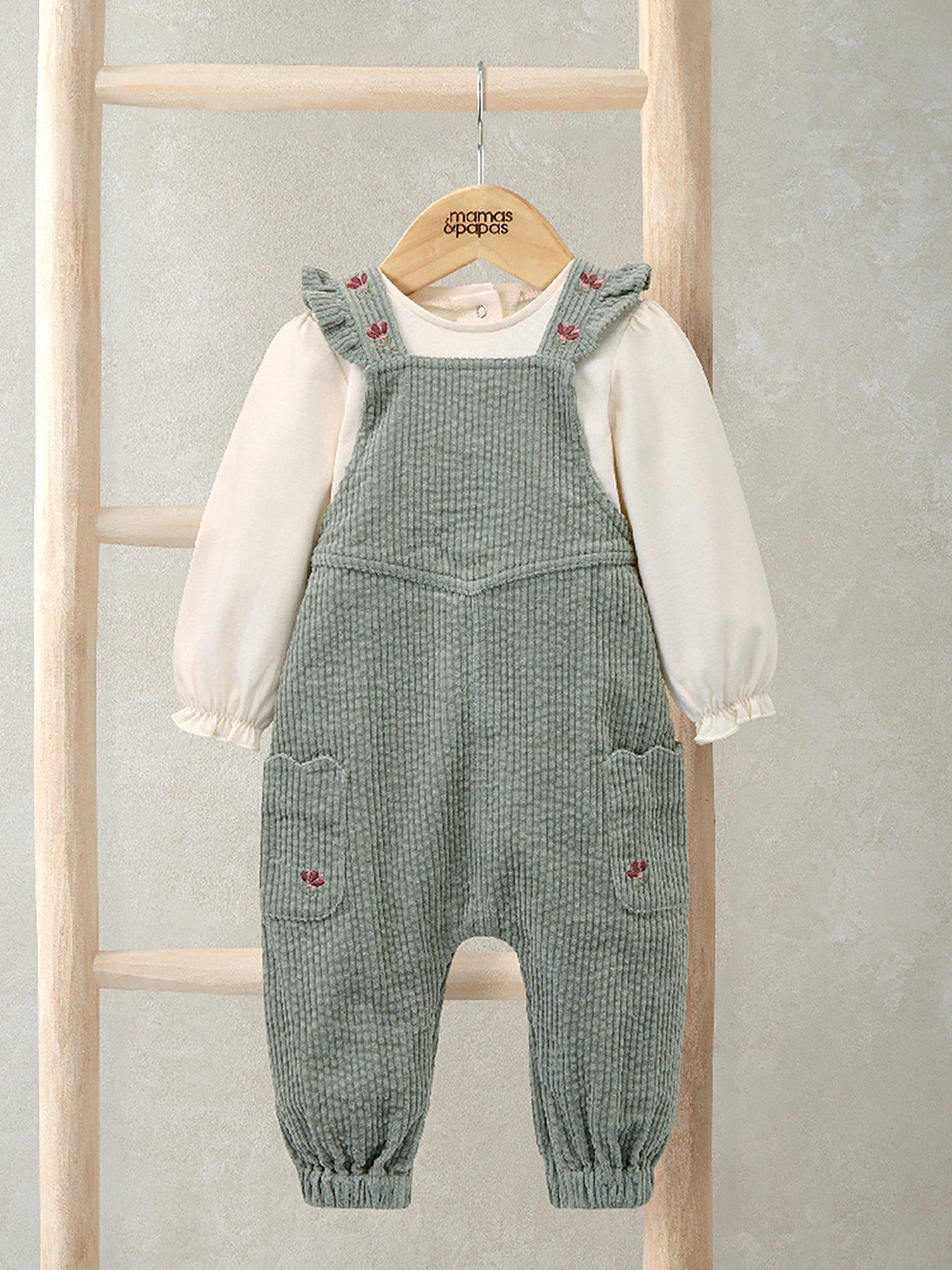 Mamas & Papas Baby Girls 2 Piece Embroidered Cord Dungaree  &  Bodysuit Set - Green