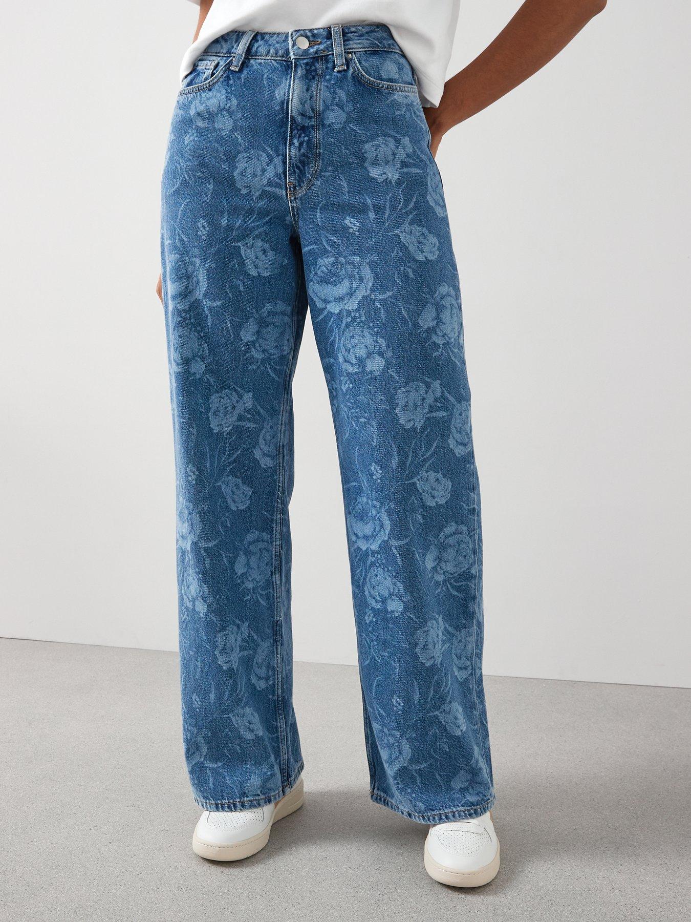 The Very Collection Floral Print Wide Leg Jeans - Mid Wash