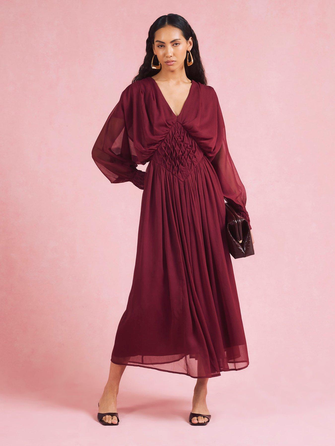Image 1 of 4 of River Island Long Sleeve Smocked Maxi Dress - Red