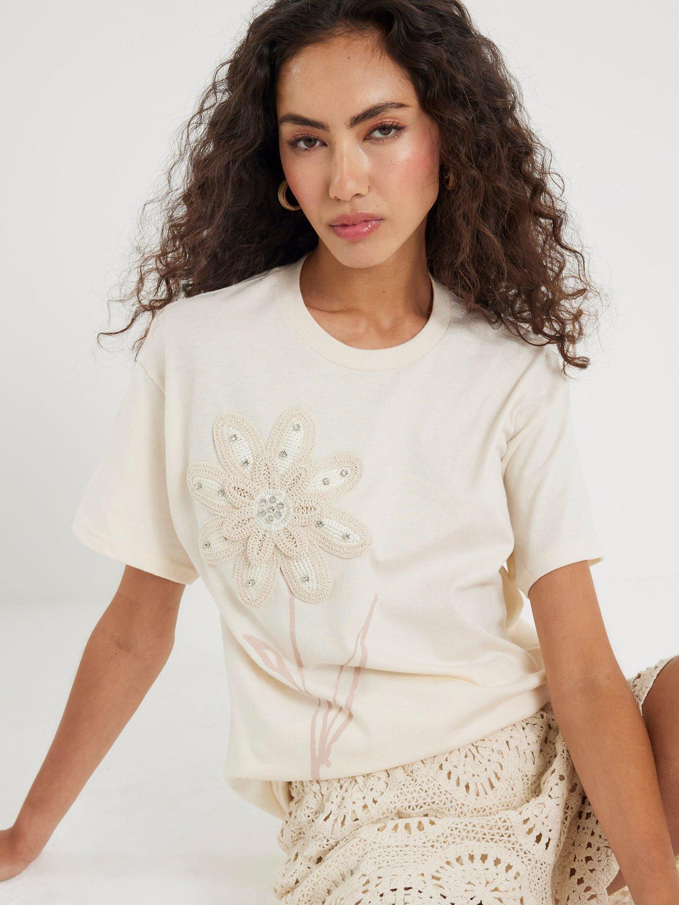 River Island Short Sleeve Crochet Diamante Trim T-Shirt - White