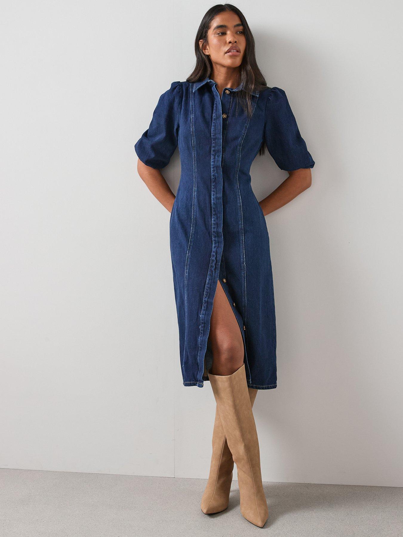 the-very-collection-denim-puff-sleeve-midi-dress-dark-wash