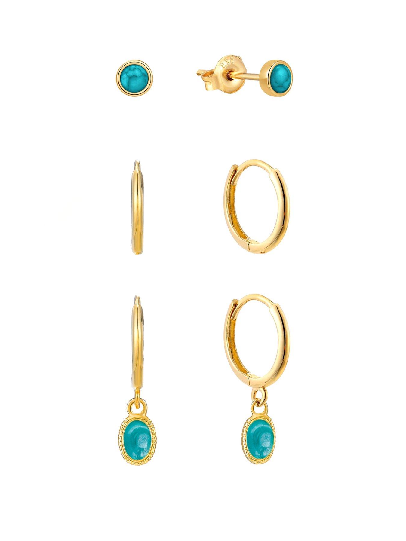 Image 1 of 4 of The Love Collection Gold Plated Sterling Silver Turquoise Dropper Hoops and Stud Set of 3