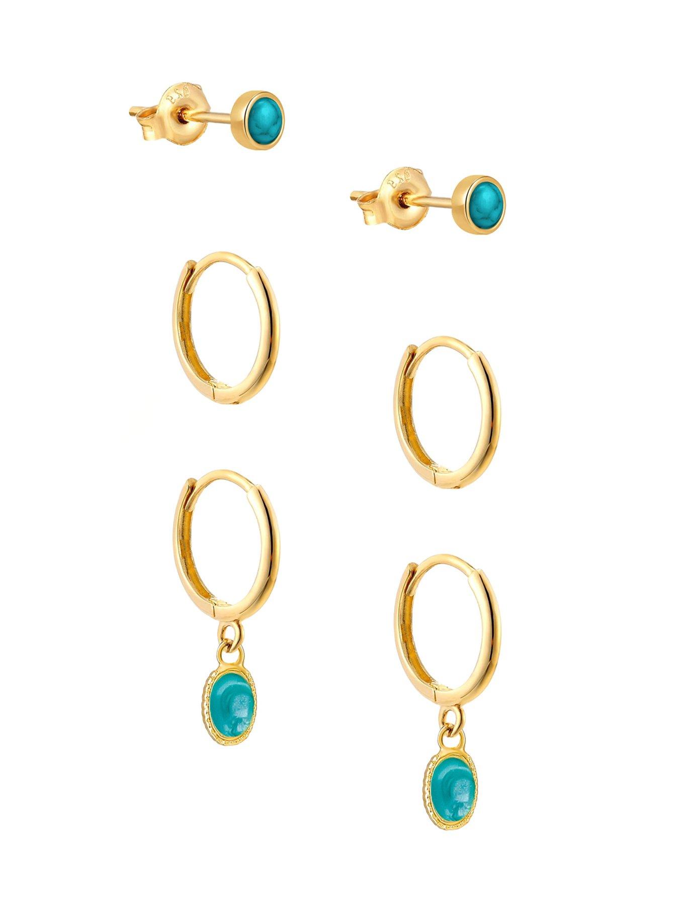 Image 3 of 4 of The Love Collection Gold Plated Sterling Silver Turquoise Dropper Hoops and Stud Set of 3