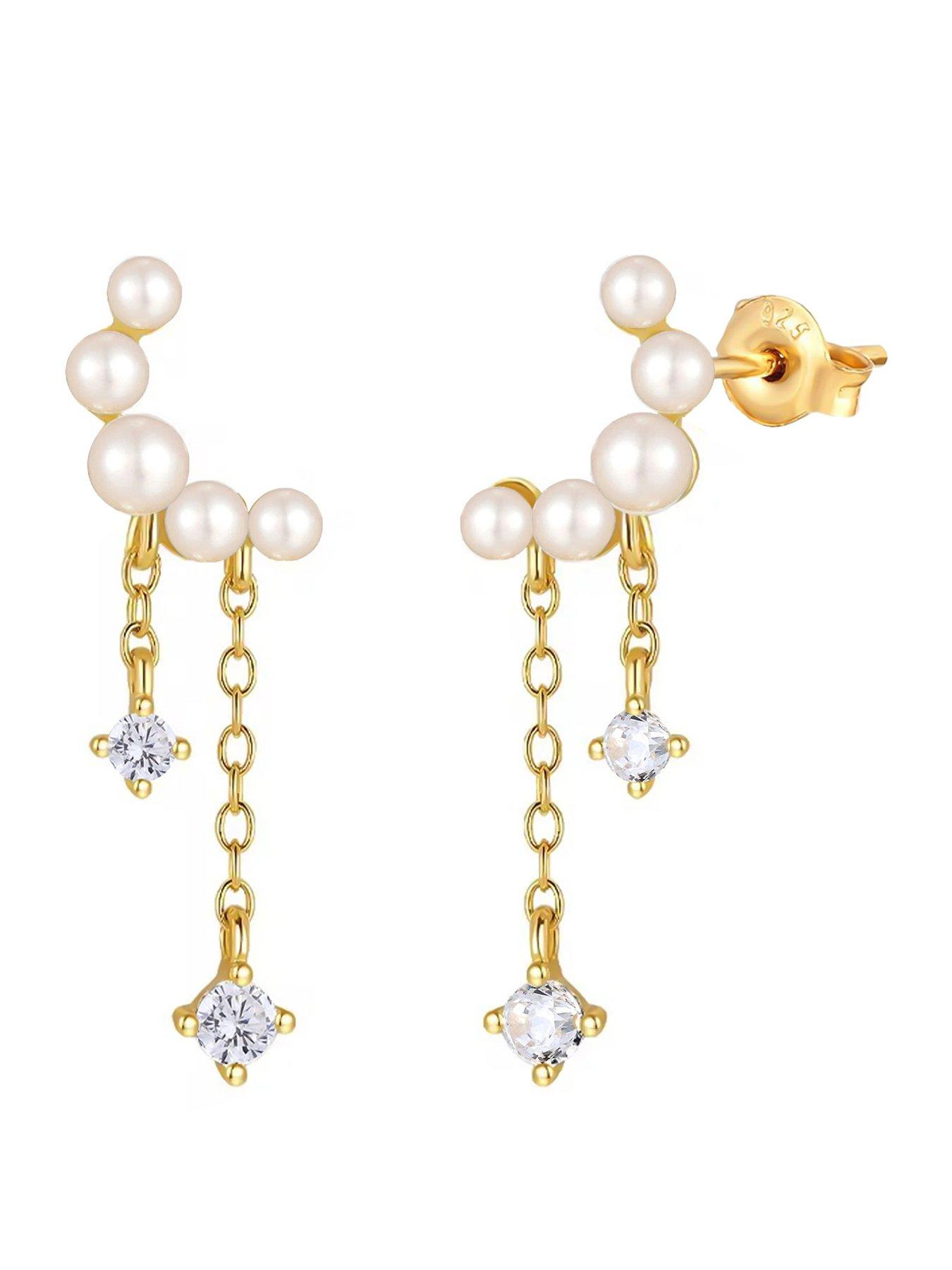 The Love Collection Gold Plated Sterling Silver Celestial Pearl CZ Dropper Earrings