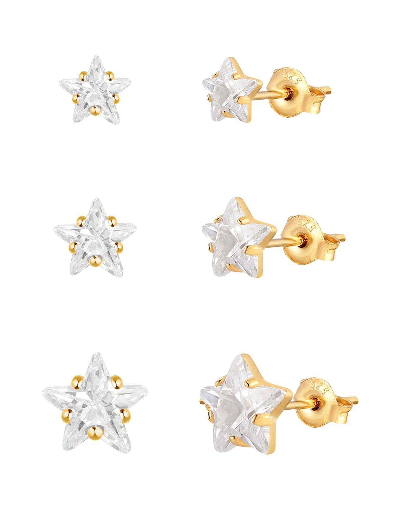 The Love Collection Gold Plated Sterling Silver Set of Three Pairs of CZ Star stud Earrings