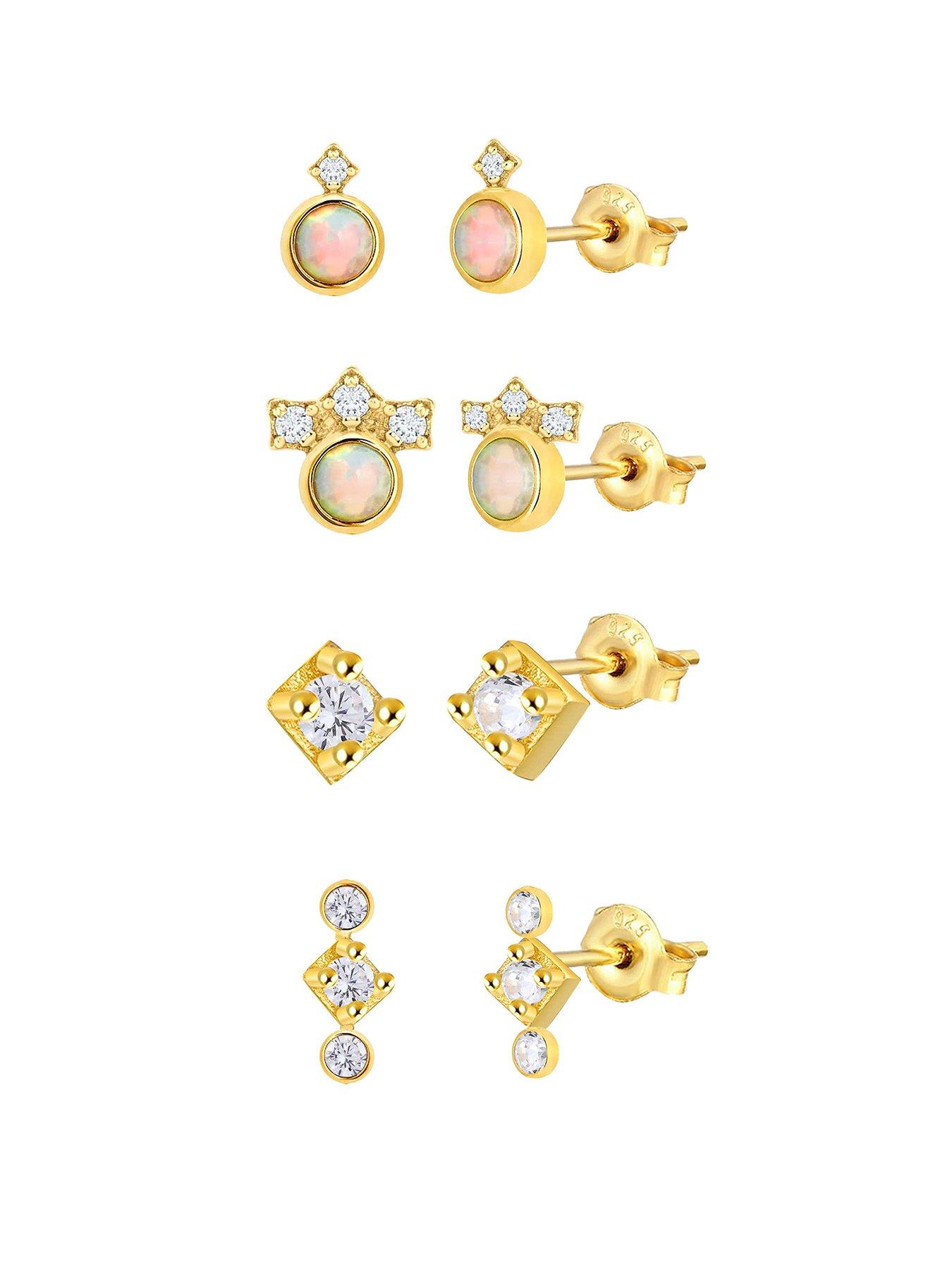 The Love Collection Gold Plated Sterling Silver Set of Four Pairs of Opal CZ  Stud Earrings