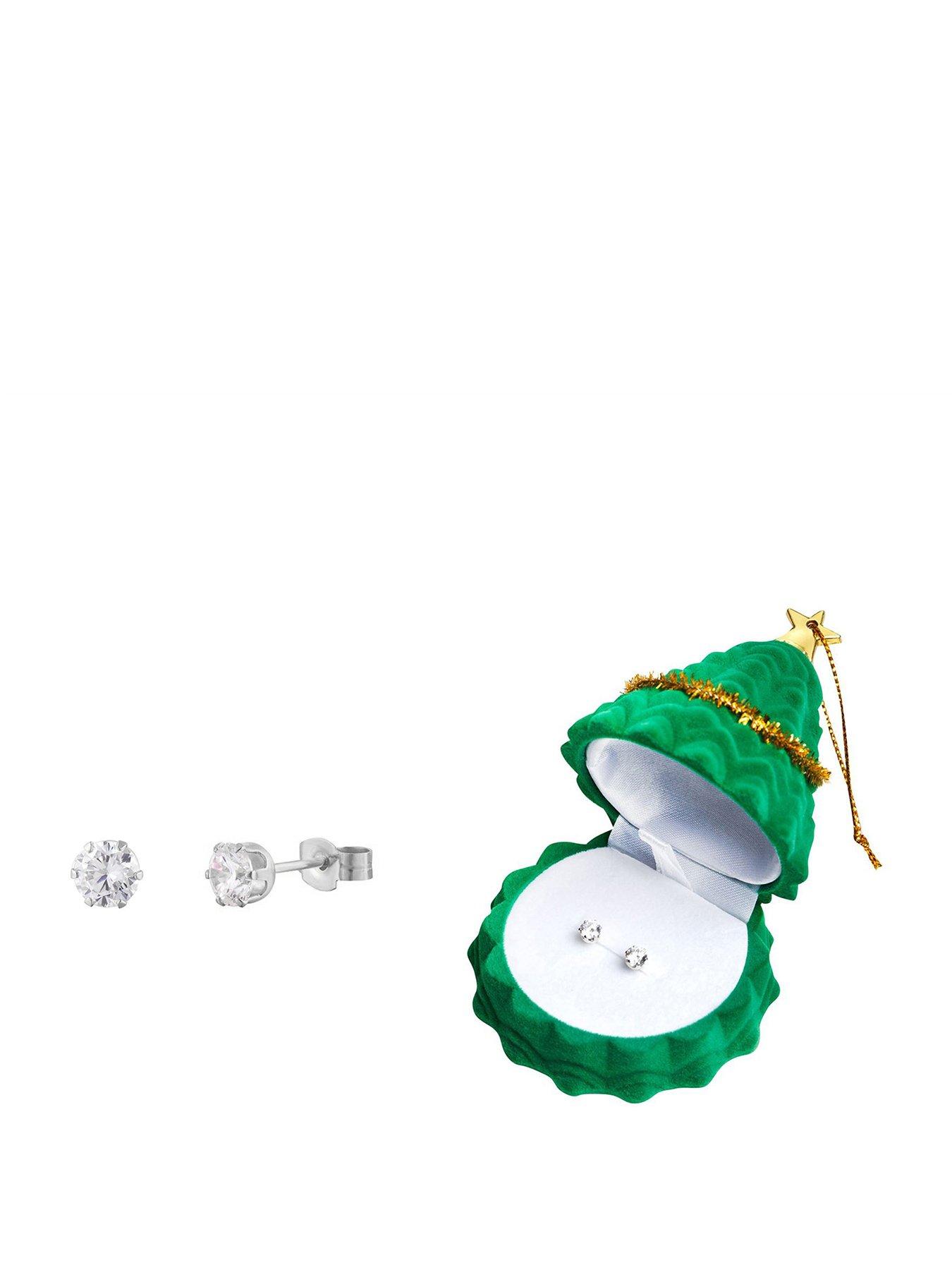 The Love Collection Sterling Silver 4mm Cubic Zirconia Studs With Christmas Tree Gift Box
