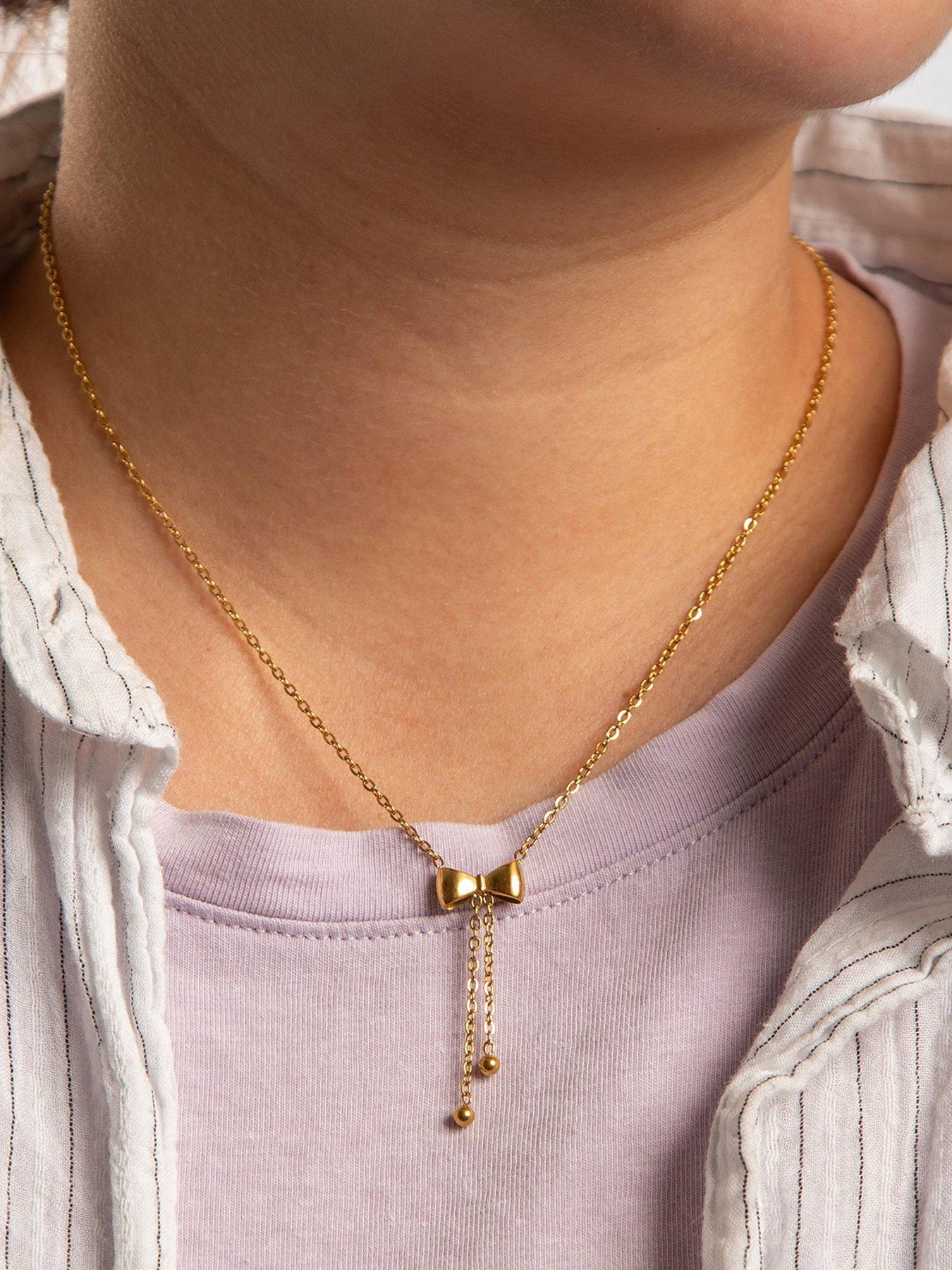 the-love-collection-gold-plated-stainless-steel-bow-drop-necklacestillFront