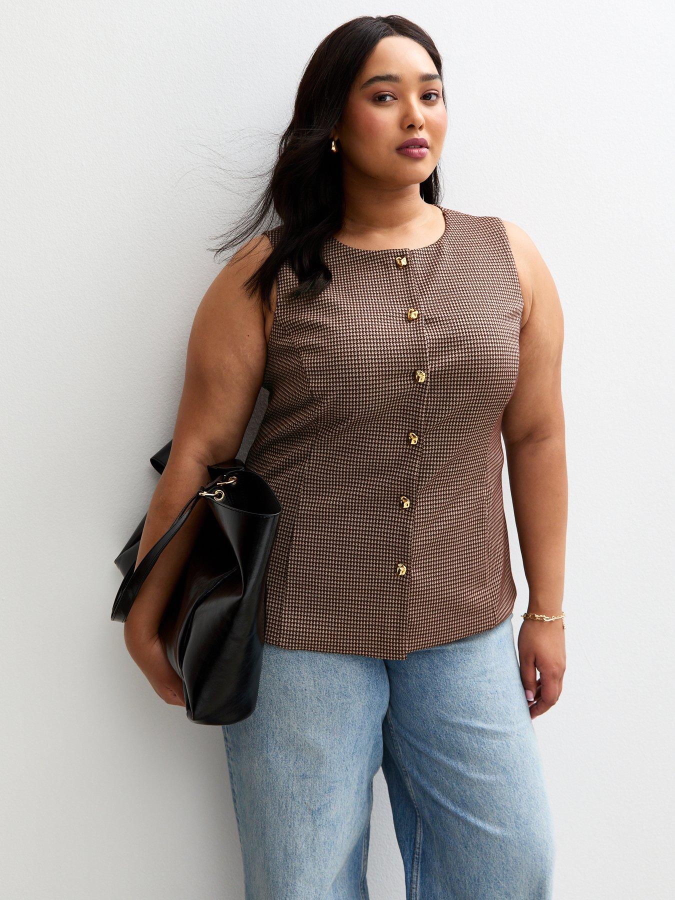 New Look Curves Brown Houndstooth Print Jersey Waistcoat