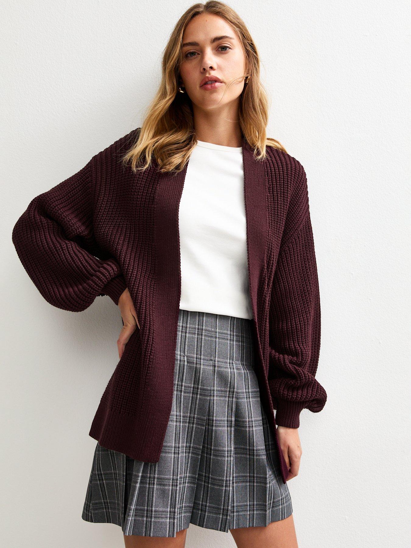 New Look Burgundy Stitch Knit Balloon Sleeve Cardigan - Red