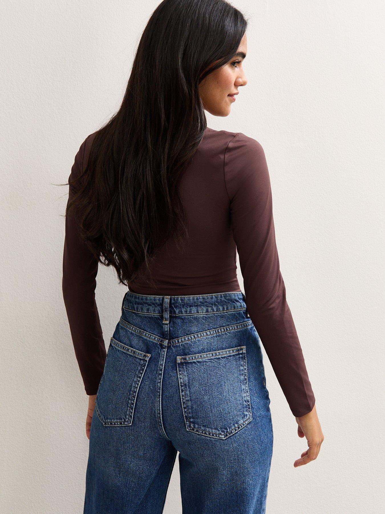 Image 2 of 5 of New Look Burgundy Slinky Square Neck Long Sleeve Bodysuit