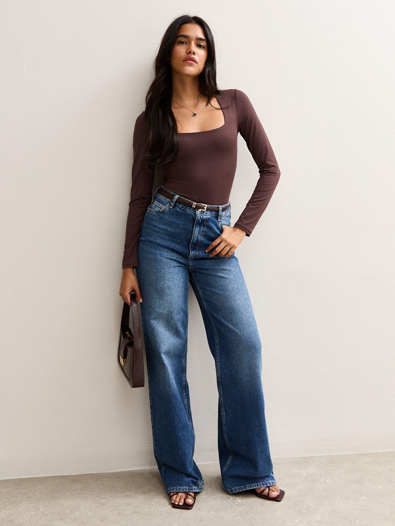 Image 3 of 5 of New Look Burgundy Slinky Square Neck Long Sleeve Bodysuit