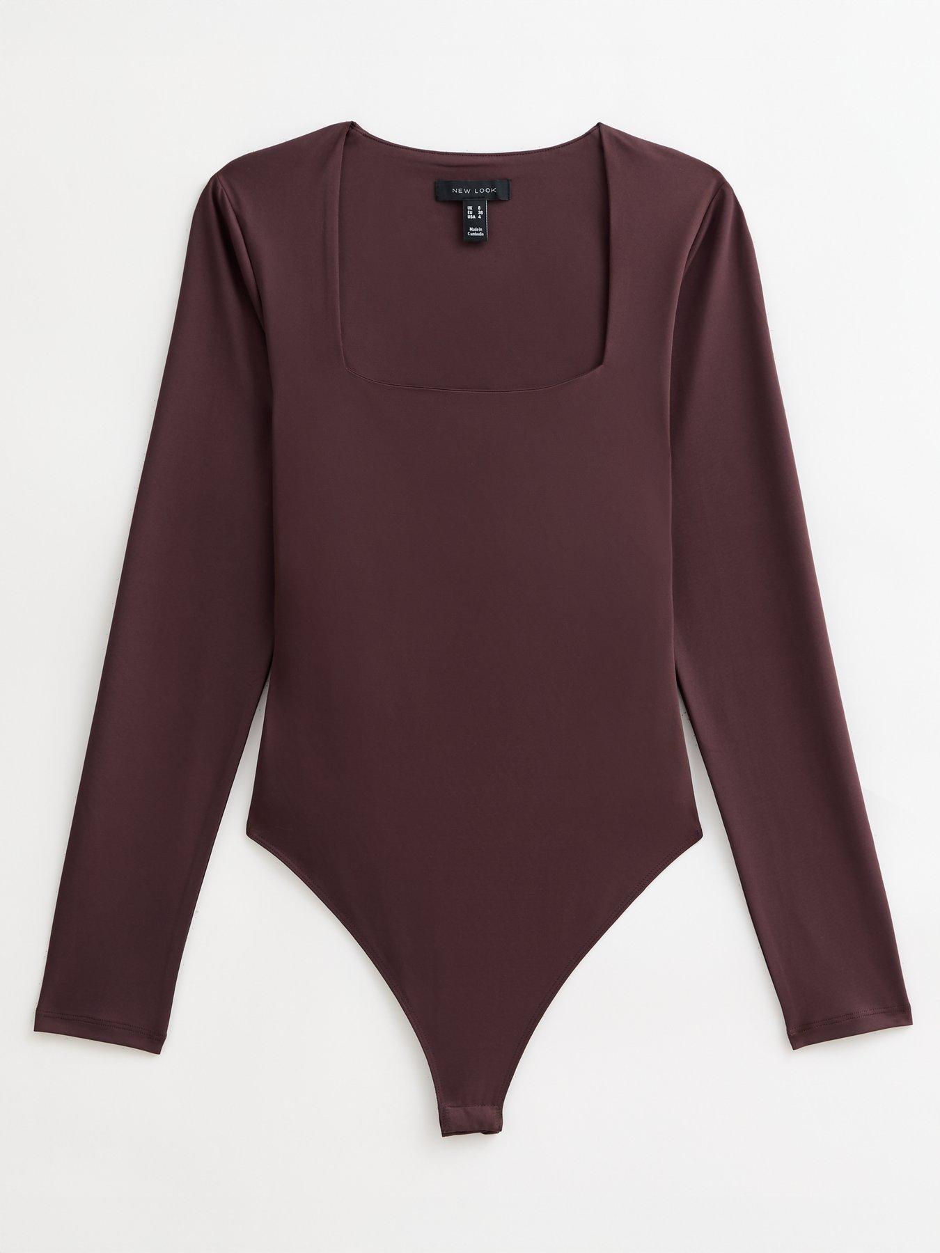 Image 5 of 5 of New Look Burgundy Slinky Square Neck Long Sleeve Bodysuit