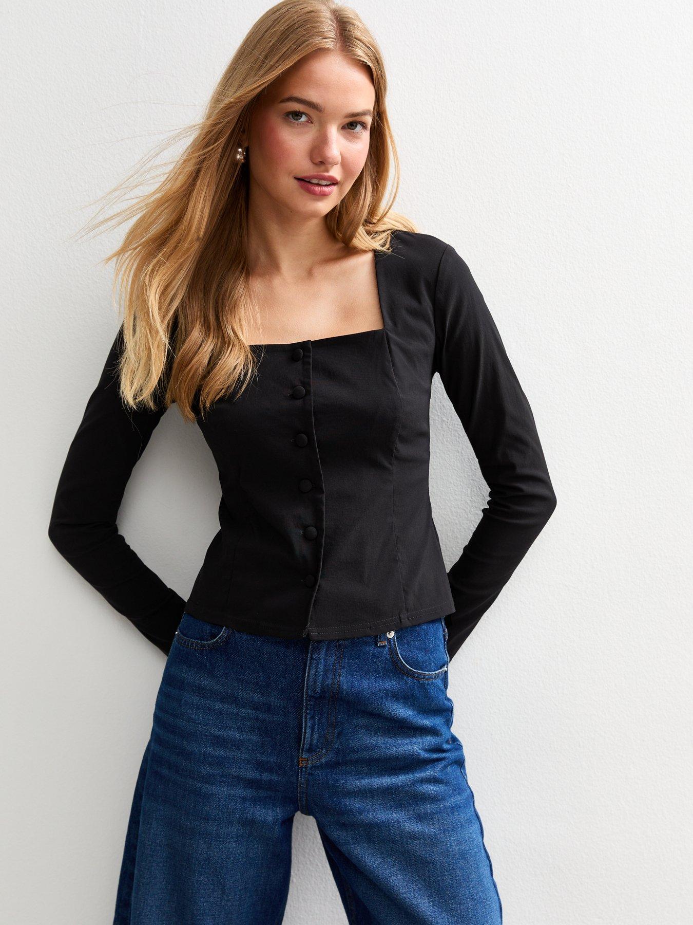 new-look-square-neck-button-up-long-sleeve-top-black