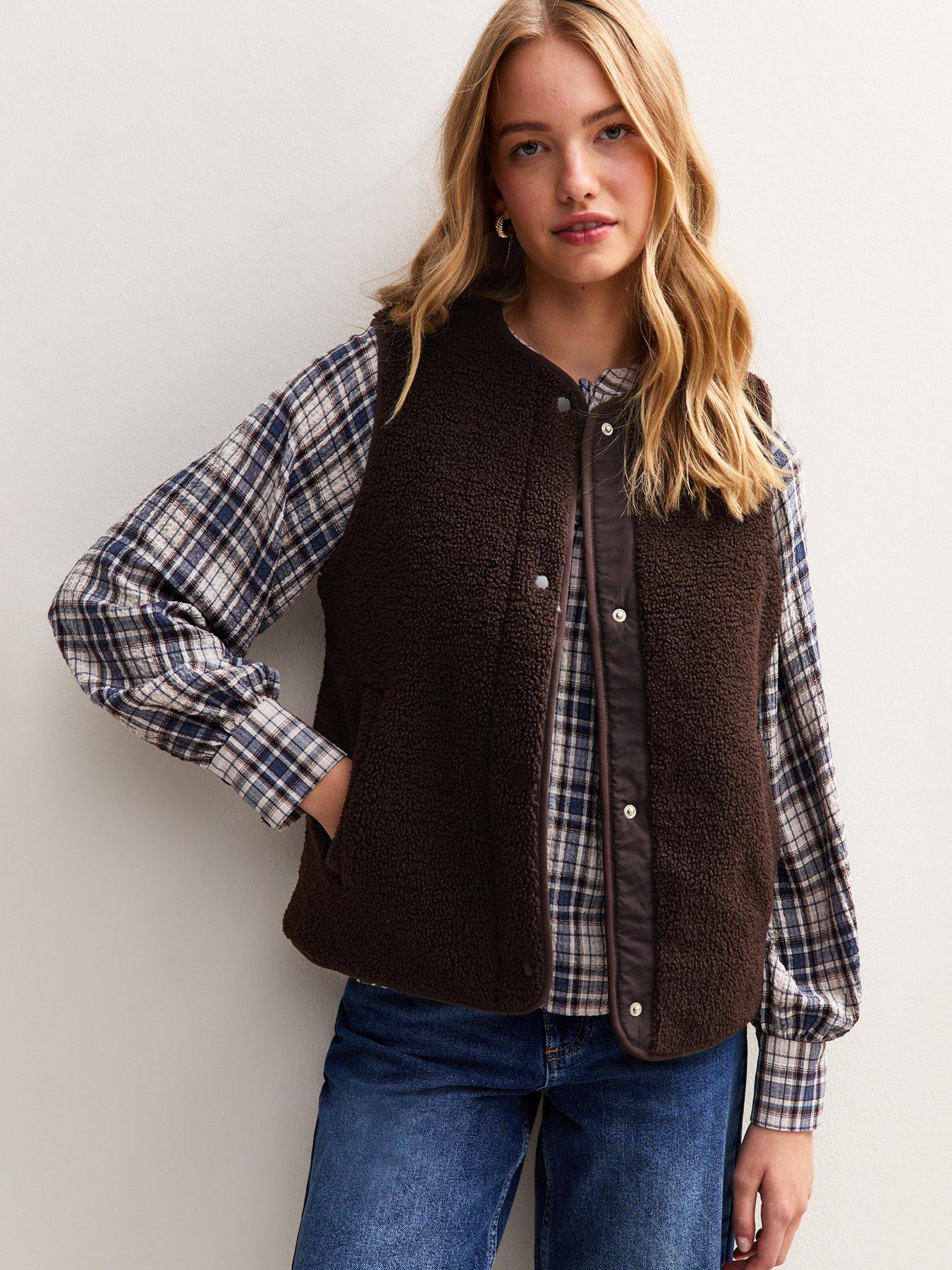 Image 1 of 4 of New Look Dark Brown Borg Collarless Gilet