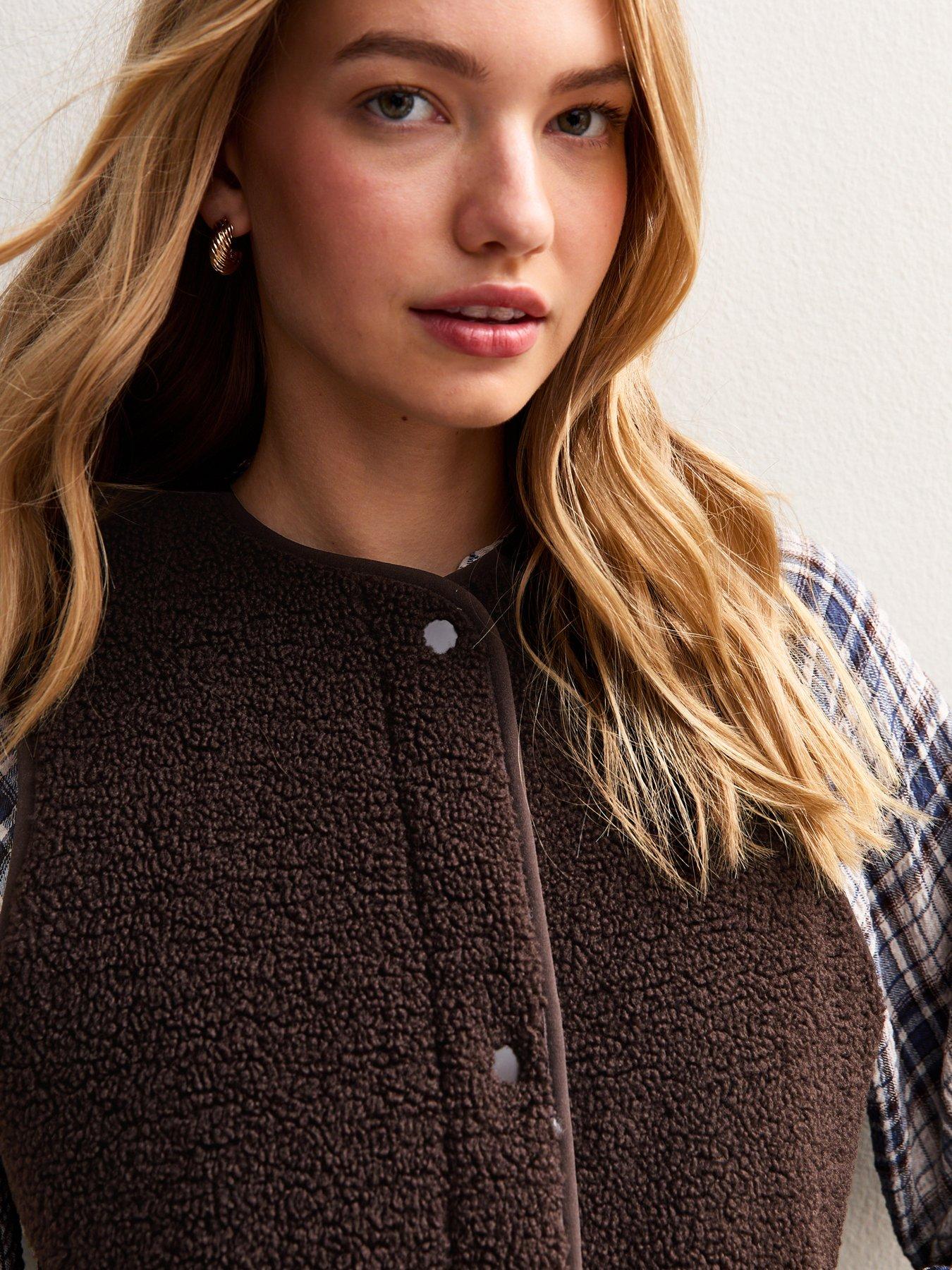 Image 4 of 4 of New Look Dark Brown Borg Collarless Gilet