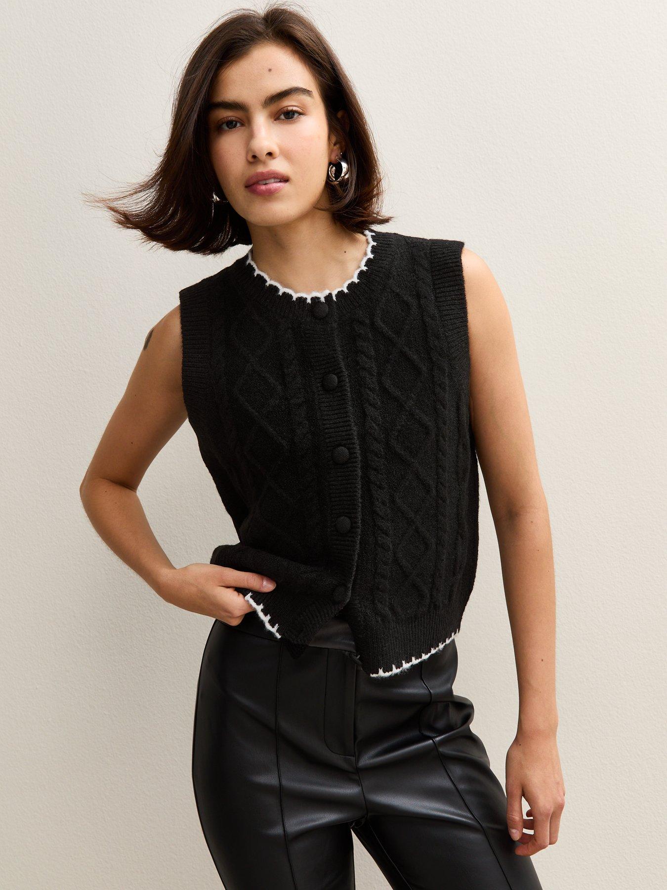 new-look-contrast-trim-cable-knit-waistcoat-black