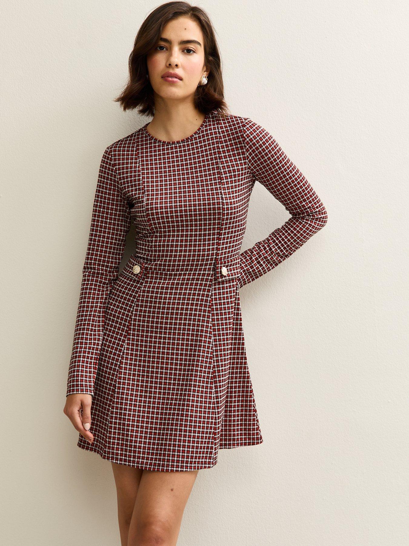 Image 1 of 5 of New Look Check Long Sleeve Mini Dress - Red