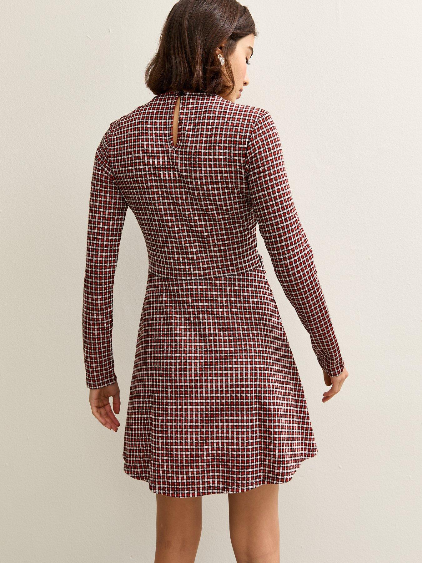 Image 2 of 5 of New Look Check Long Sleeve Mini Dress - Red