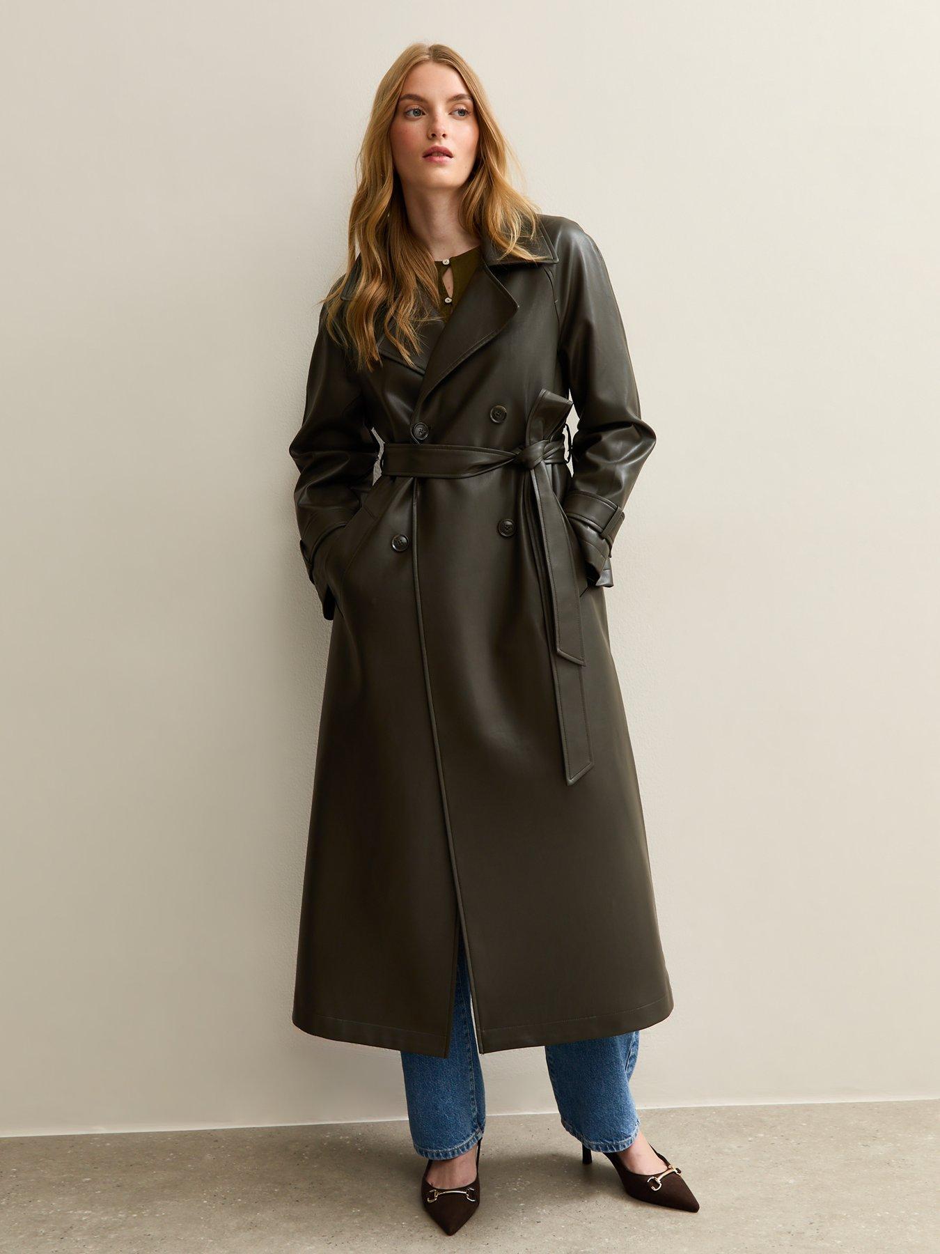 New Look Faux Leather Trench Coat - Dark Green