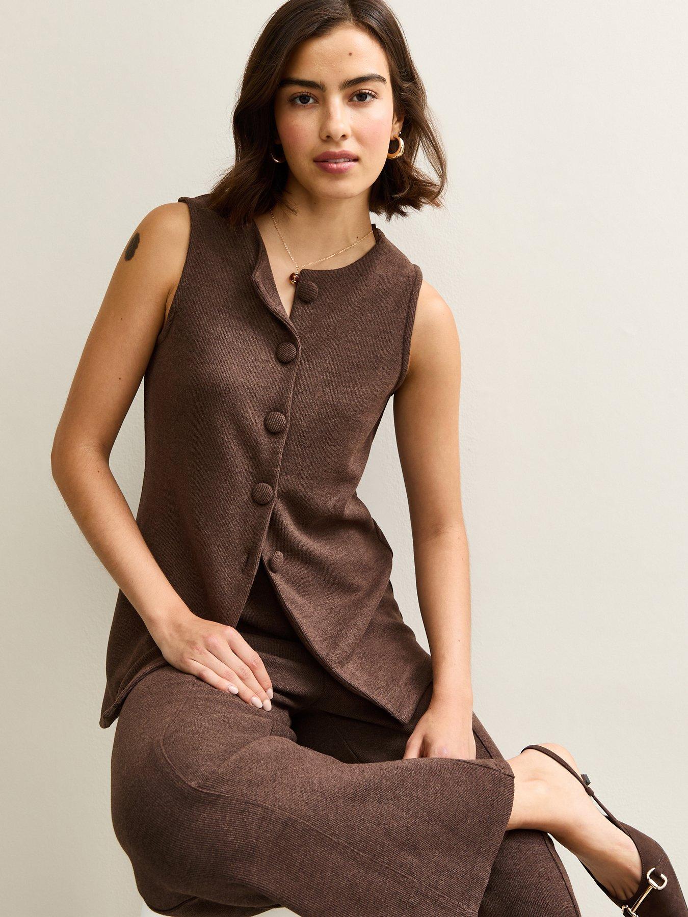 new-look-soft-touch-compact-knit-split-front-waistcoat-dark-brown
