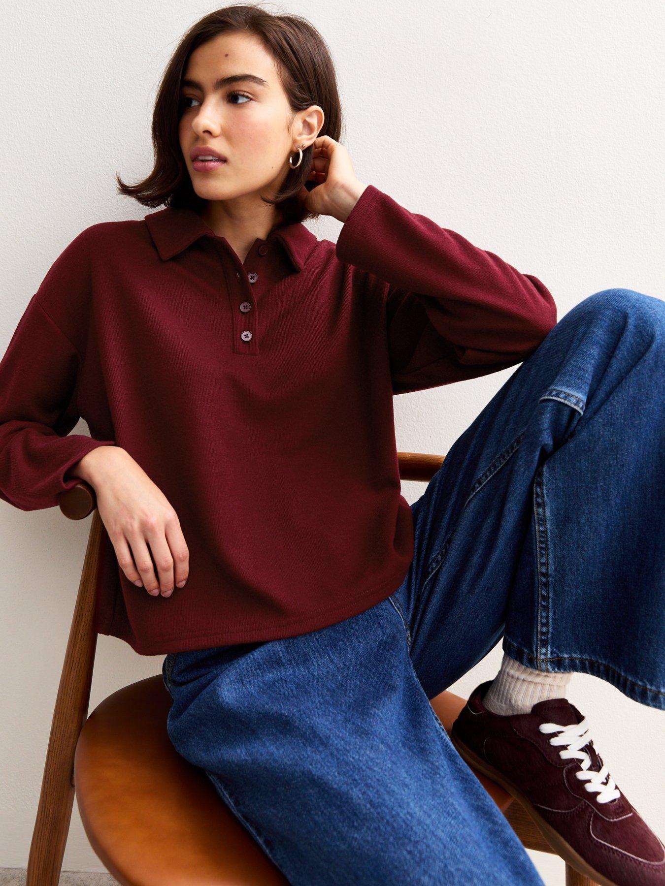 New Look Soft Touch Long Sleeve Button Up Polo Top - Dark Red