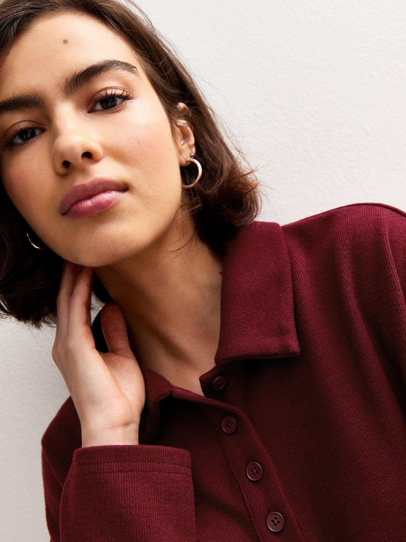 new-look-soft-touch-long-sleeve-button-up-polo-top-dark-redoutfit