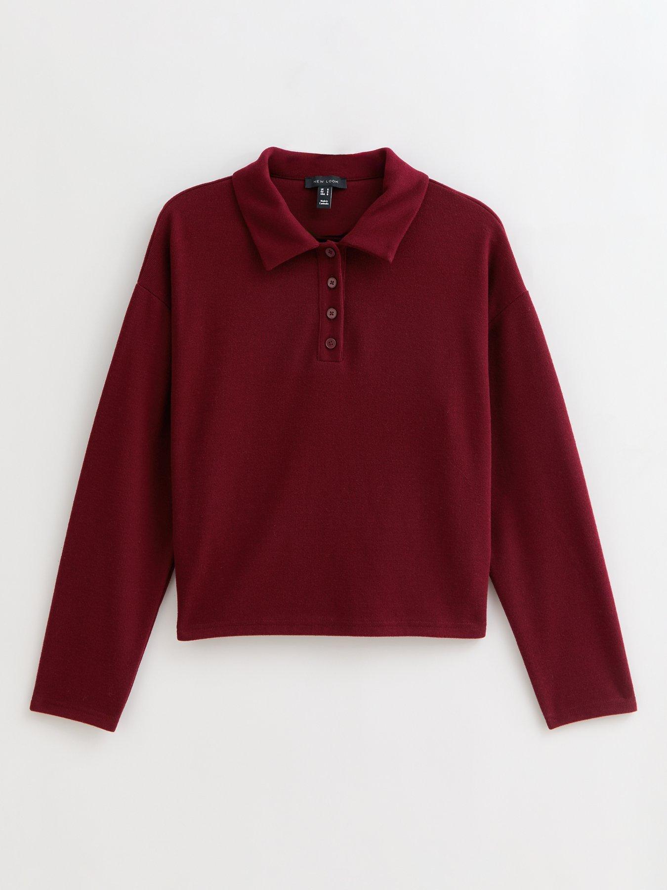 new-look-soft-touch-long-sleeve-button-up-polo-top-dark-reddetail