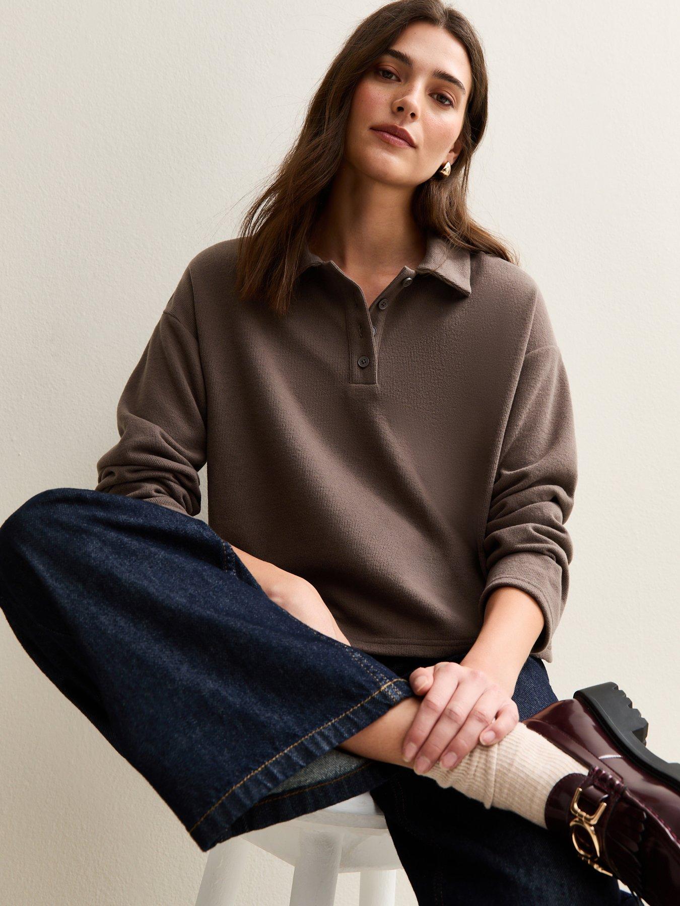 new-look-dark-mink-soft-touch-long-sleeve-button-up-polo-top