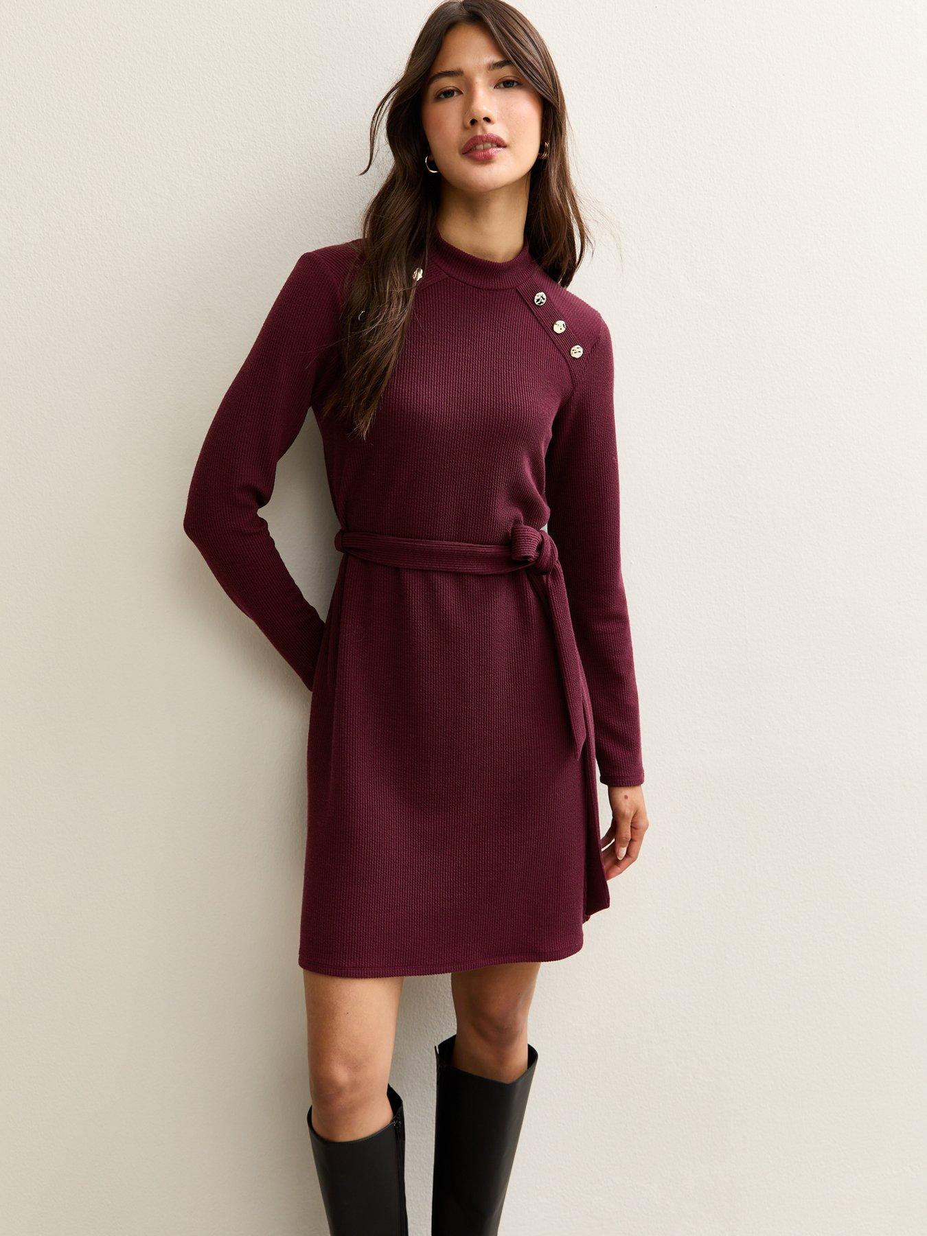 Image 1 of 5 of New Look Belted Long Sleeve Woven Mini Dress - Burgundy