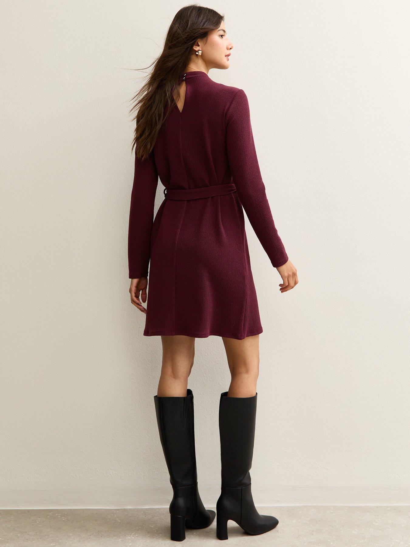 Image 2 of 5 of New Look Belted Long Sleeve Woven Mini Dress - Burgundy