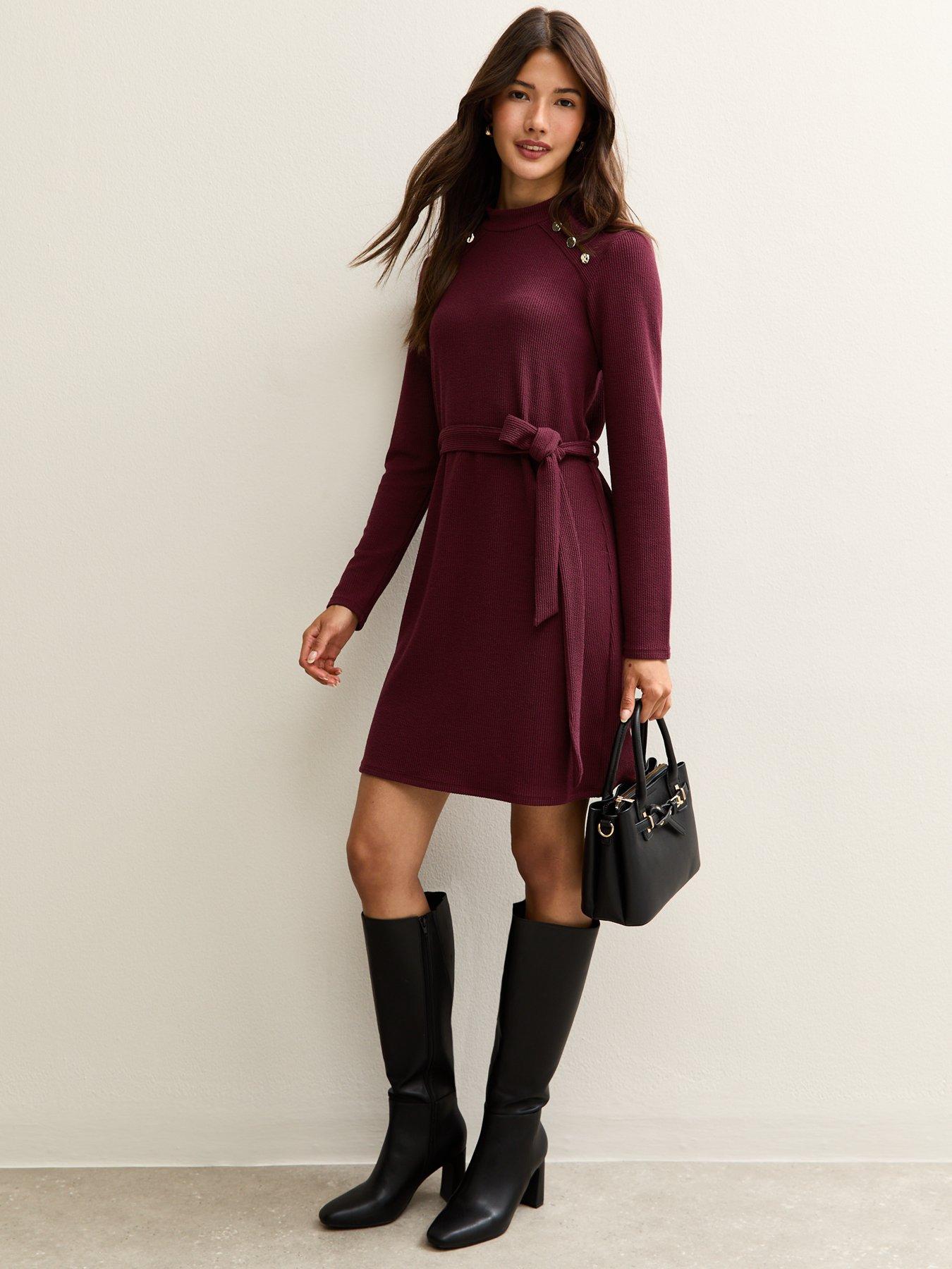 Image 3 of 5 of New Look Belted Long Sleeve Woven Mini Dress - Burgundy