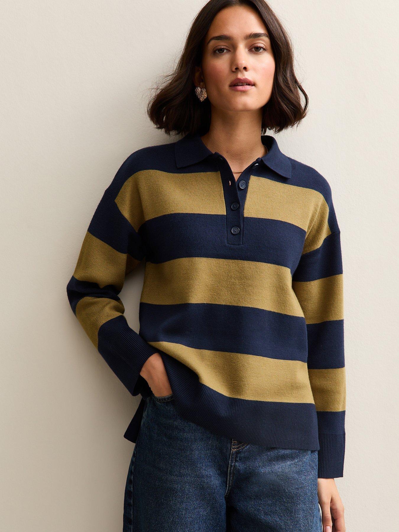 Image 1 of 6 of New Look Striped&nbsp;Compact Knit Button Up Polo Top - Green