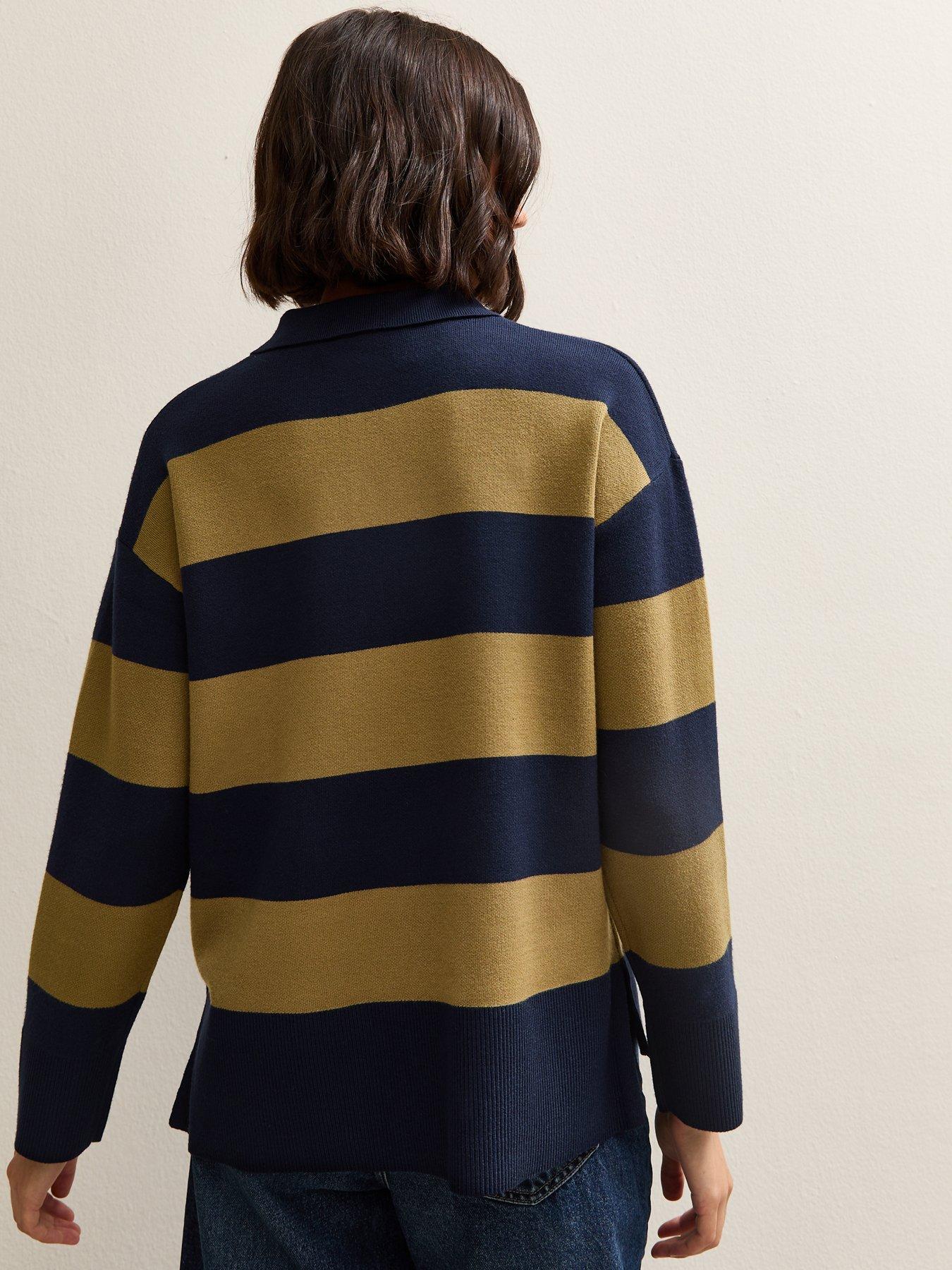 Image 2 of 6 of New Look Striped&nbsp;Compact Knit Button Up Polo Top - Green