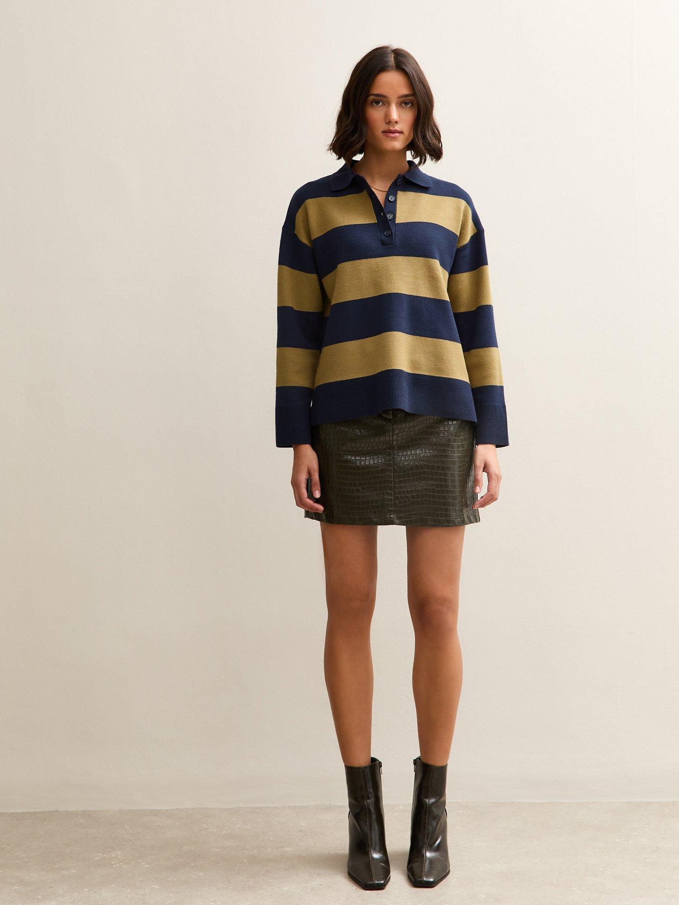 Image 4 of 6 of New Look Striped&nbsp;Compact Knit Button Up Polo Top - Green