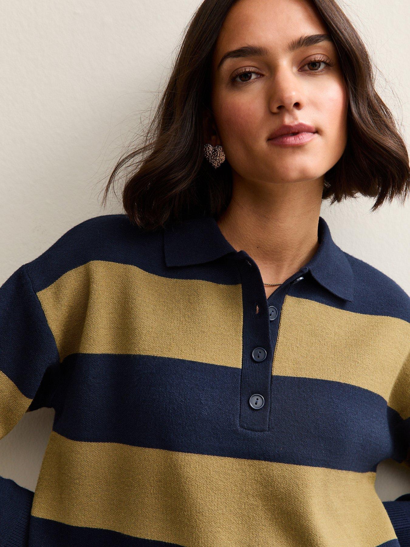 Image 5 of 6 of New Look Striped&nbsp;Compact Knit Button Up Polo Top - Green