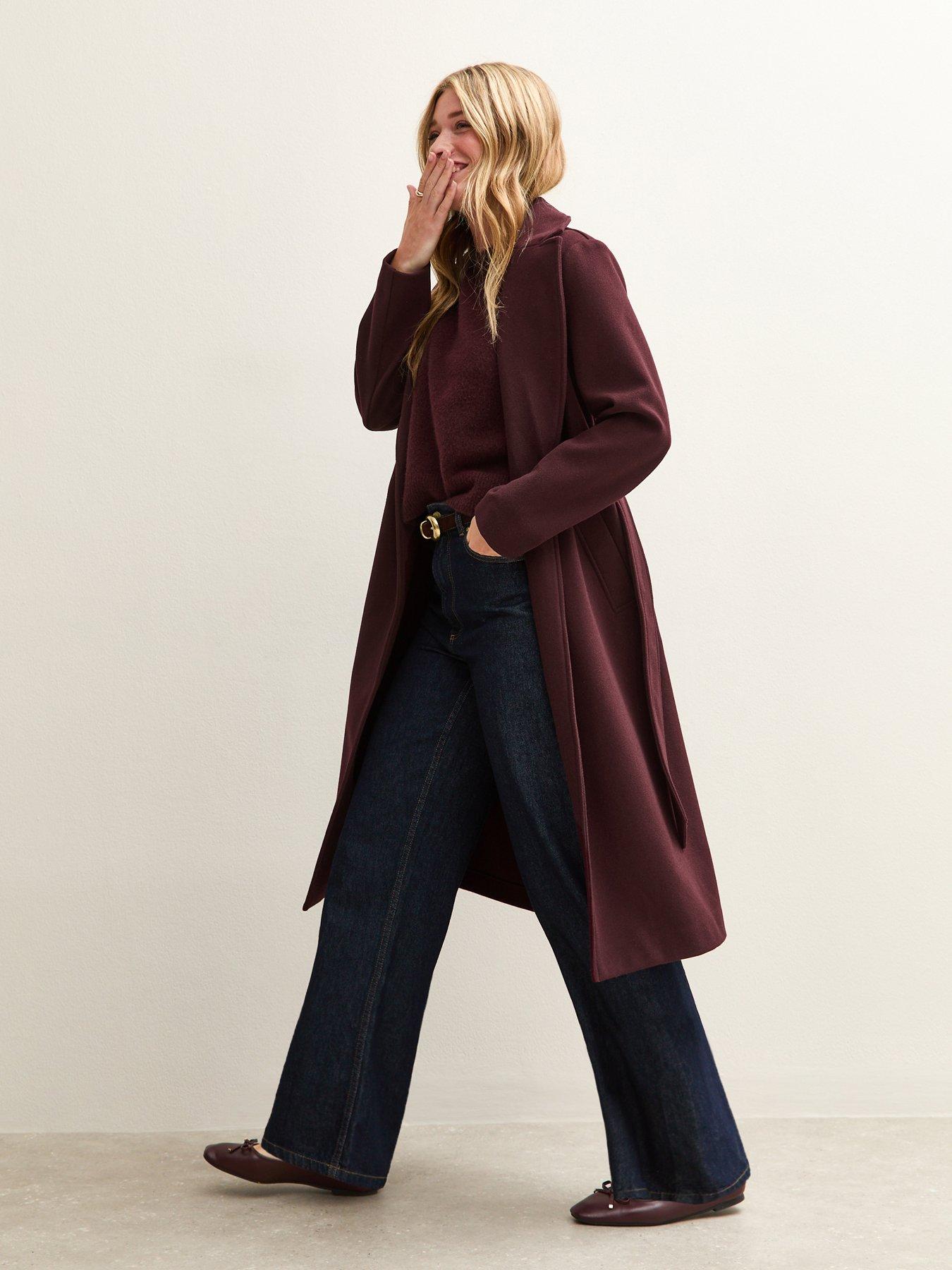 Image 1 of 6 of New Look Burgundy Unlined Longline Belted Coat