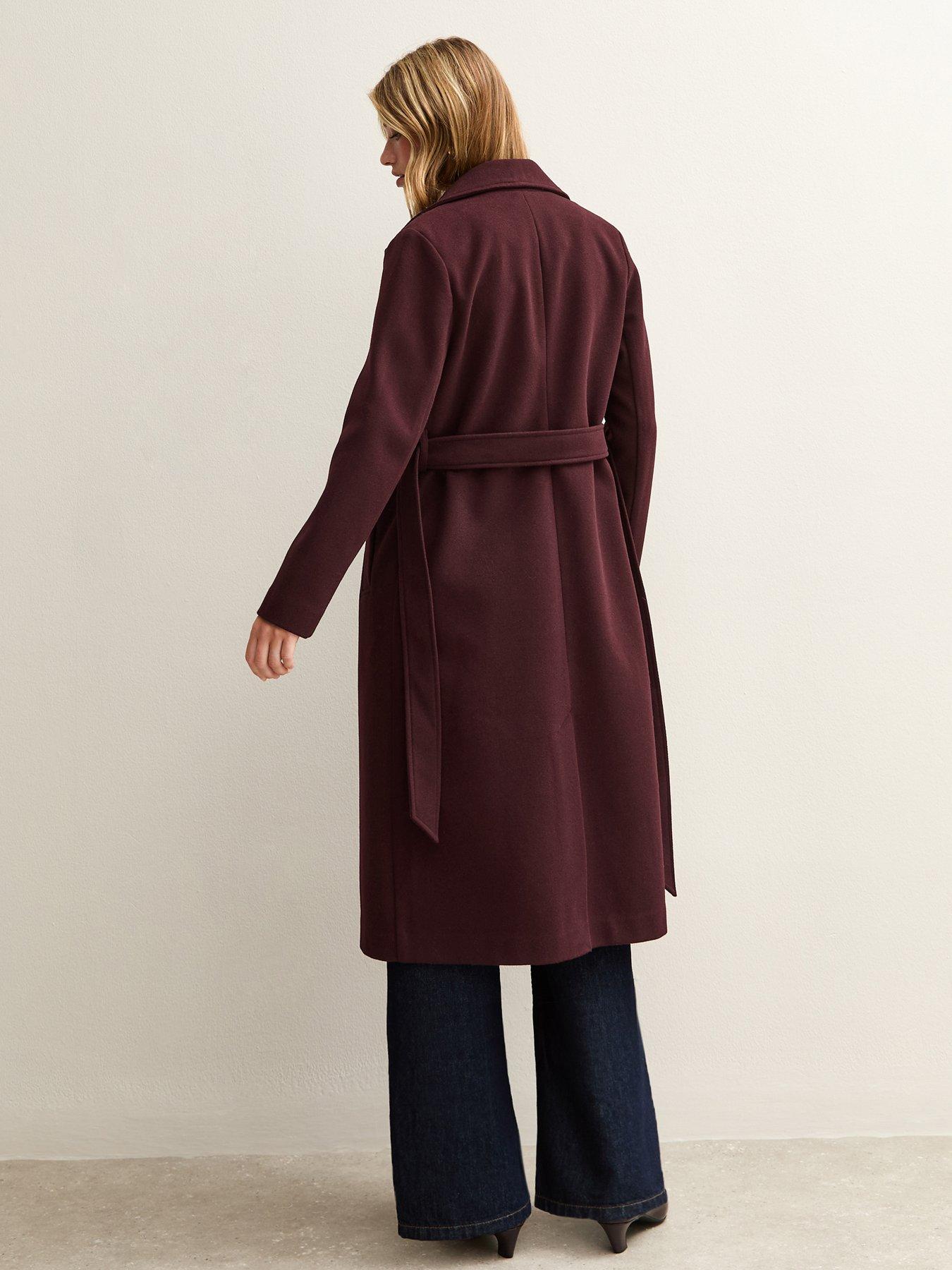 Image 2 of 6 of New Look Burgundy Unlined Longline Belted Coat